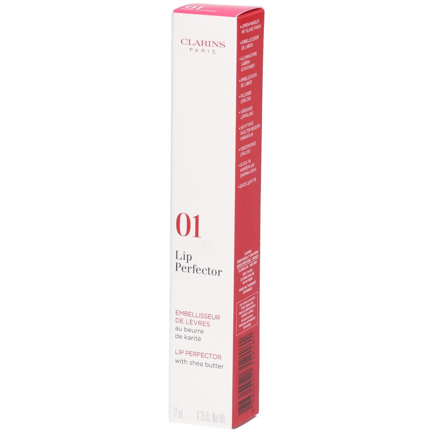 Clarins Lip Perfector 01 in roze verpakking met productinformatie.