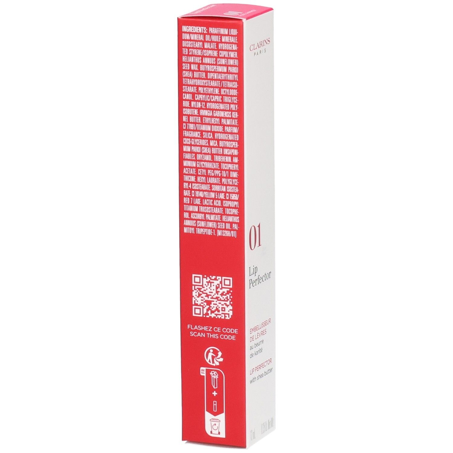 Clarins Lip Perfector 01 verpakking met ingrediënten en QR-code.