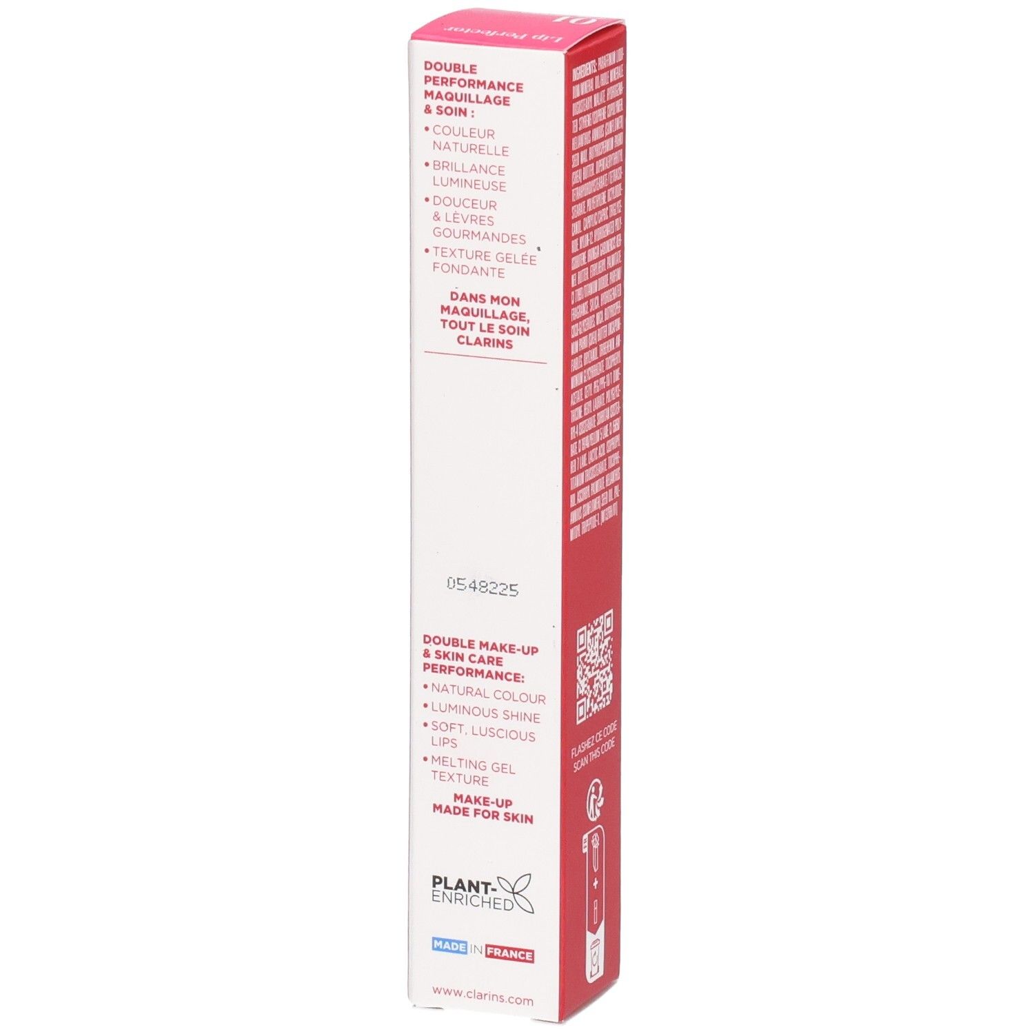 Clarins Lip Perfector 01 verpakking met productvoordelen en zegel.