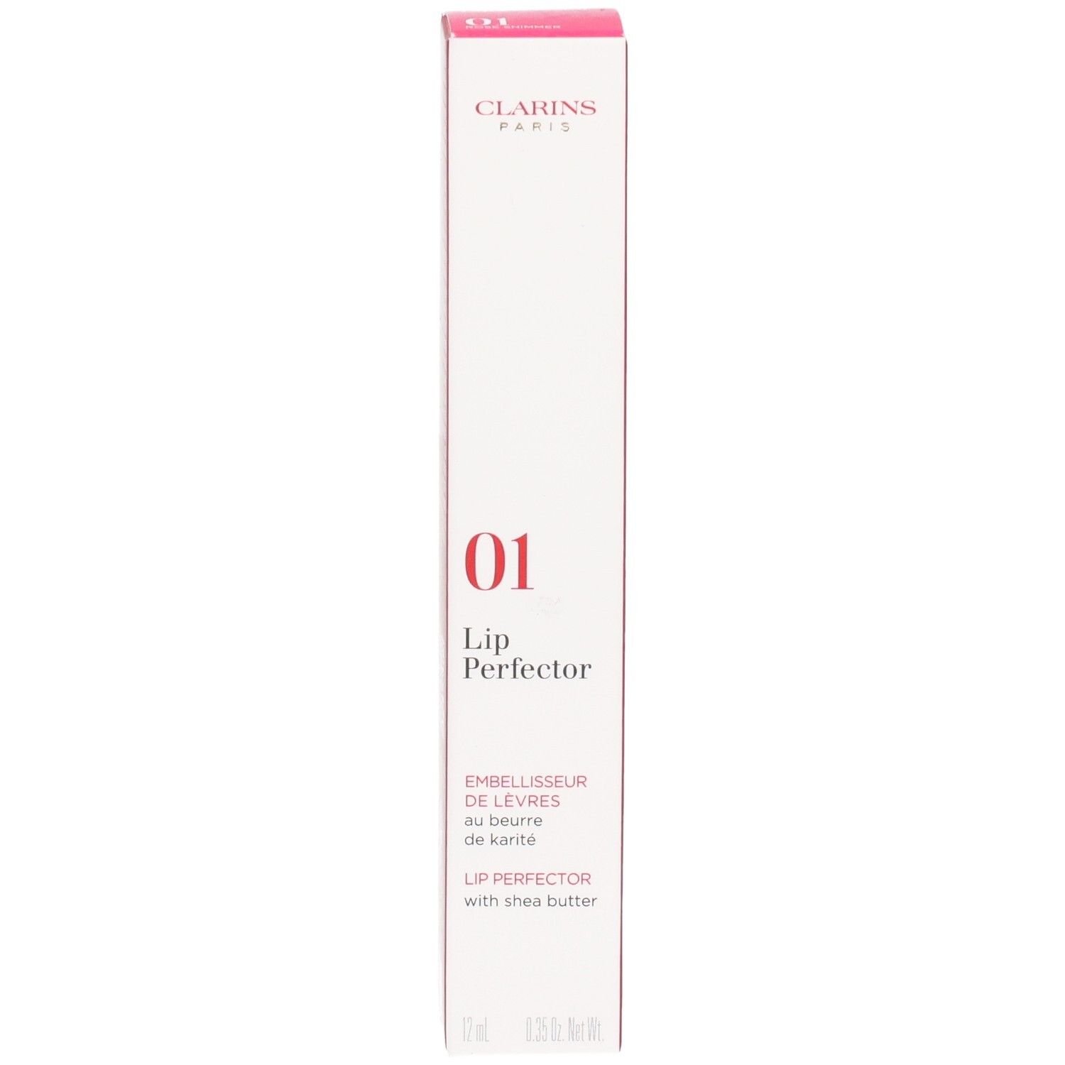 Clarins Lip Perfector 01 in roze verpakking met productinformatie.