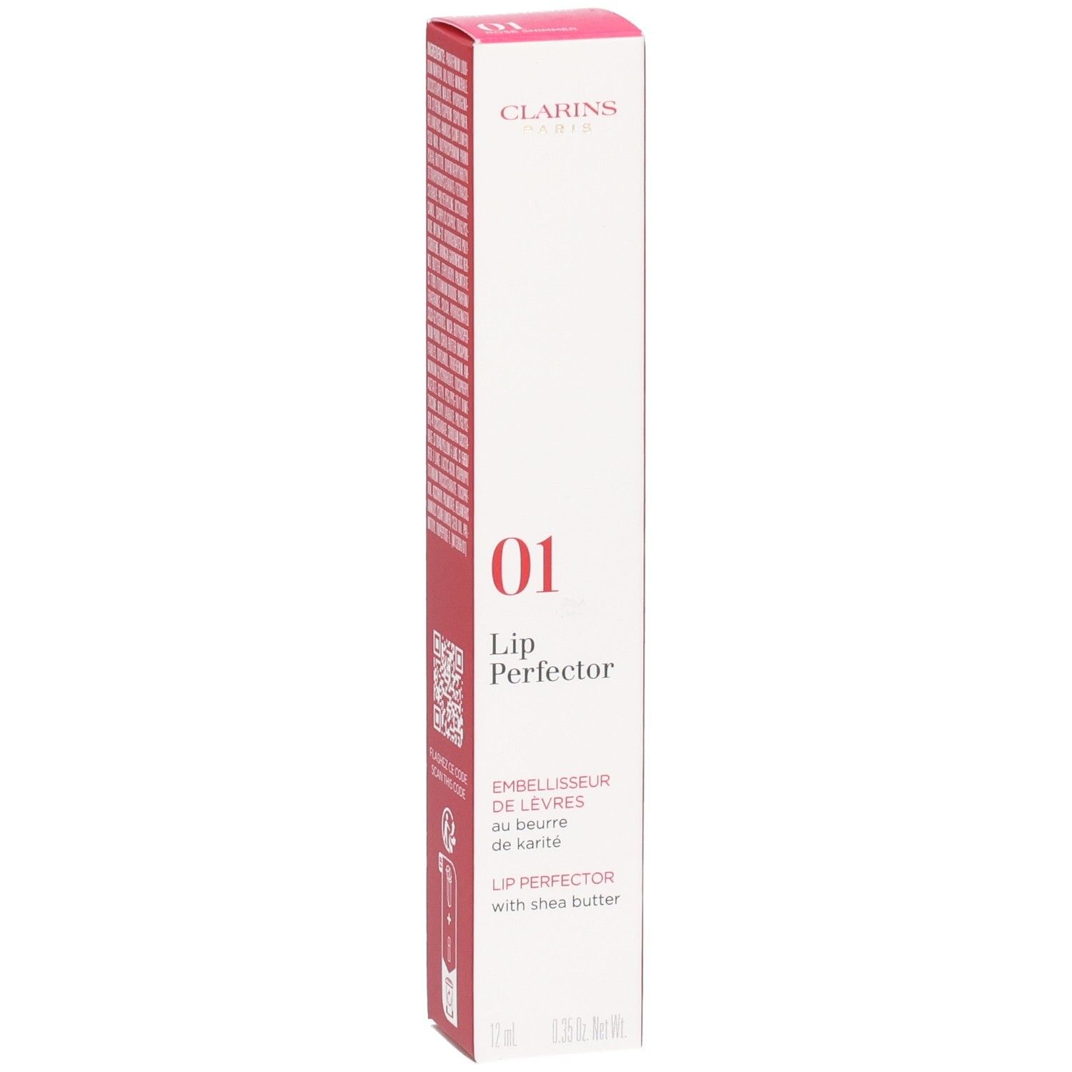 Clarins Lip Perfector 01 verpakking met ingrediënten en QR-code.