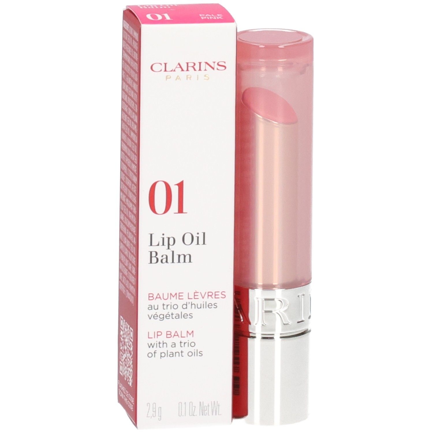 Clarins Lip Oil Balm 01 dans son emballage rose, rouge à lèvres sorti.