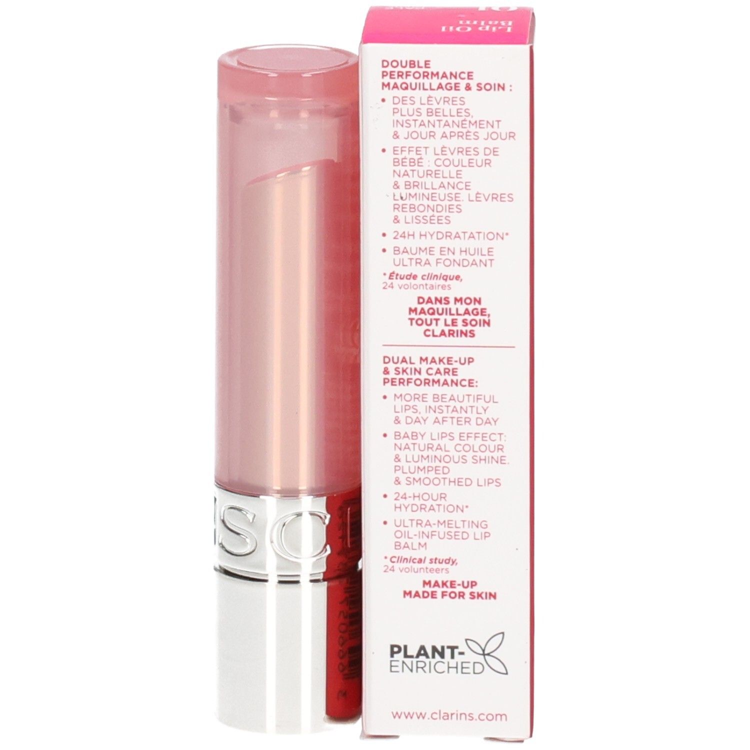 Clarins Lip Oil Balm 01, rouge à lèvres et emballage, texte en français et anglais.