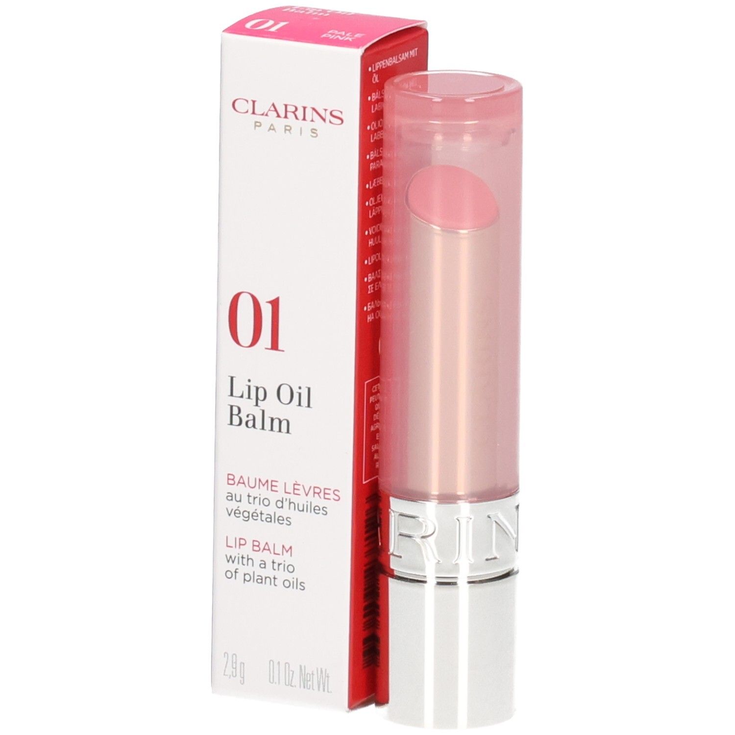 Clarins Lip Oil Balm 01 dans son emballage rose, rouge à lèvres sorti.