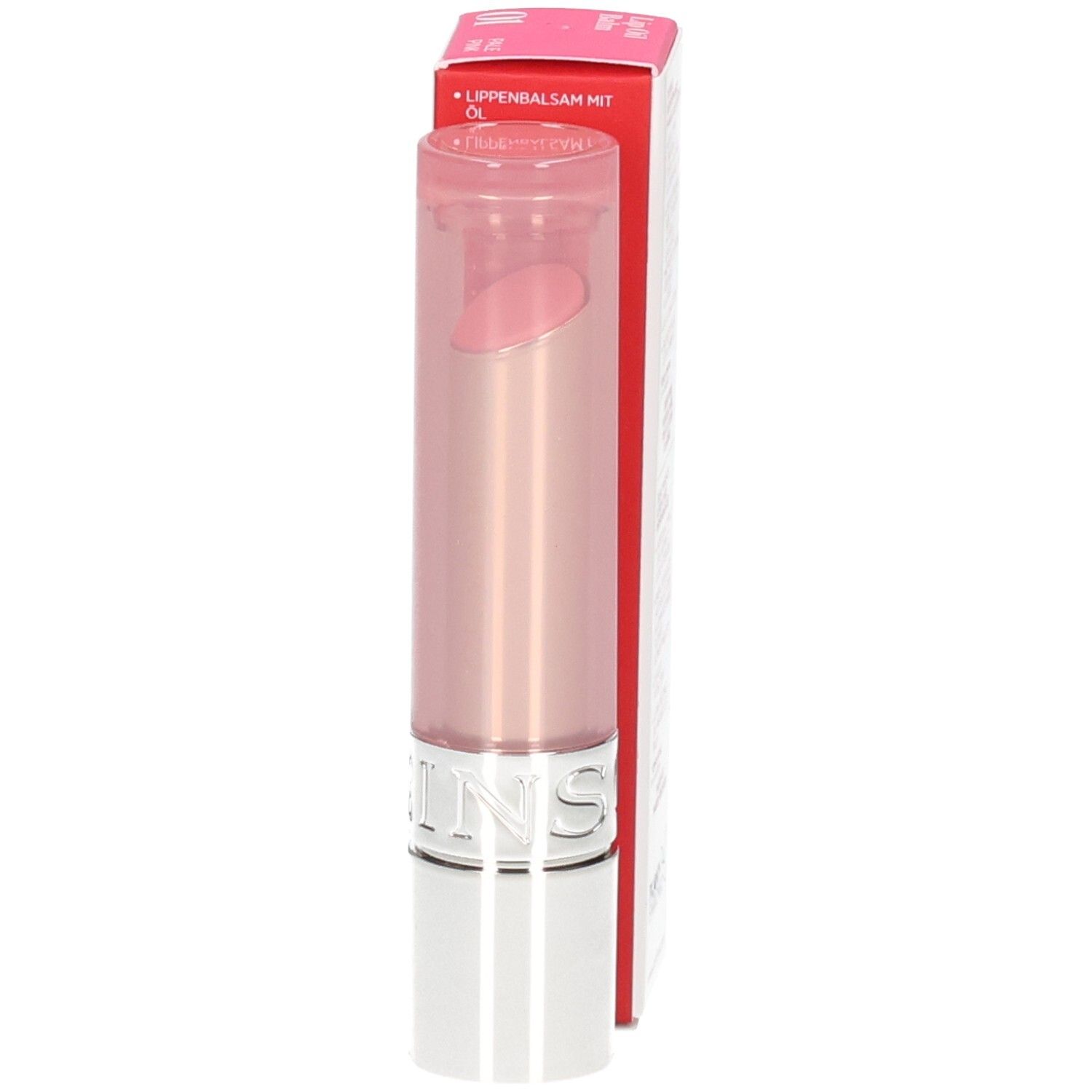Clarins Lip Oil Balm 01, rouge à lèvres et emballage, texte en français.