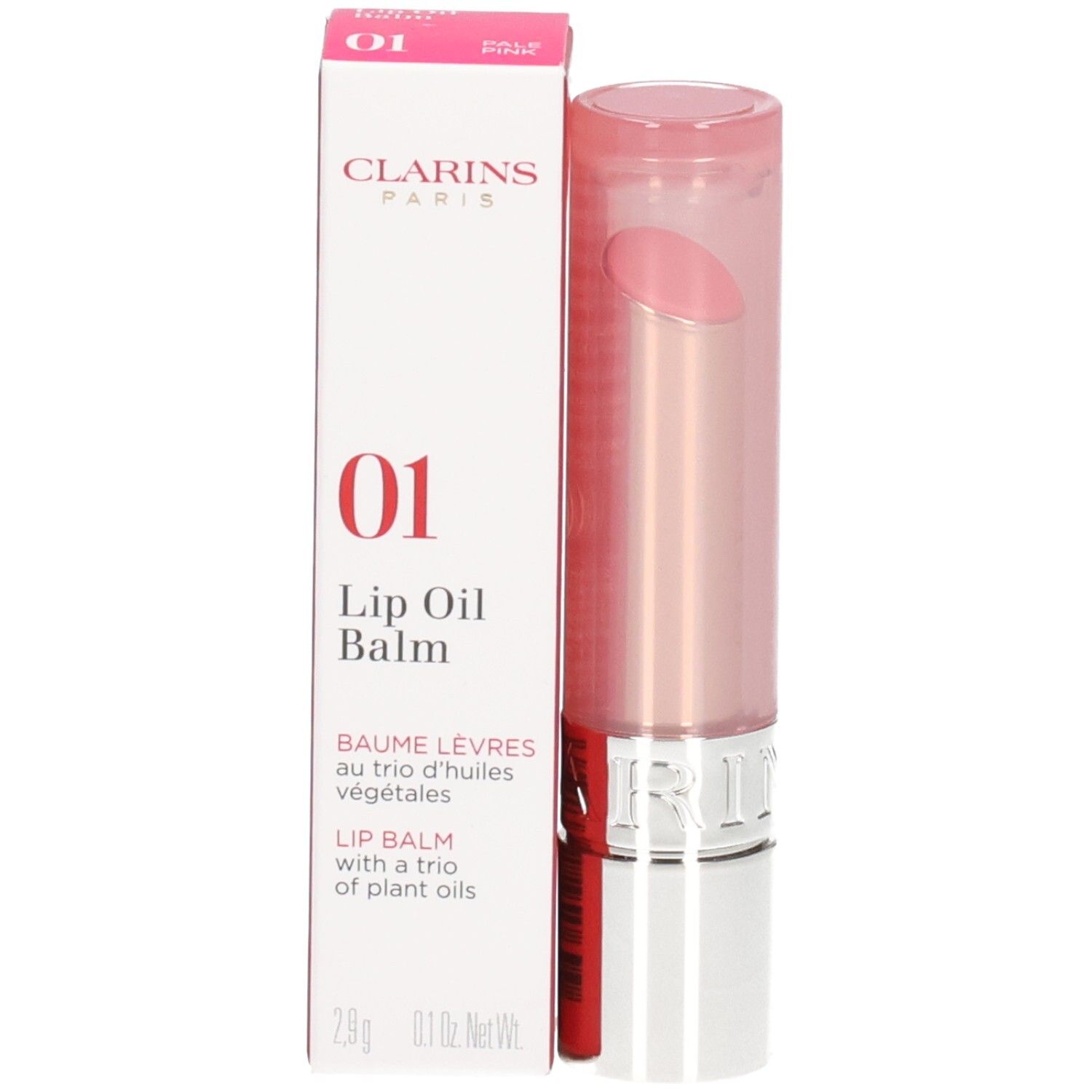 Clarins Lip Oil Balm 01 dans son emballage rose, rouge à lèvres sorti.
