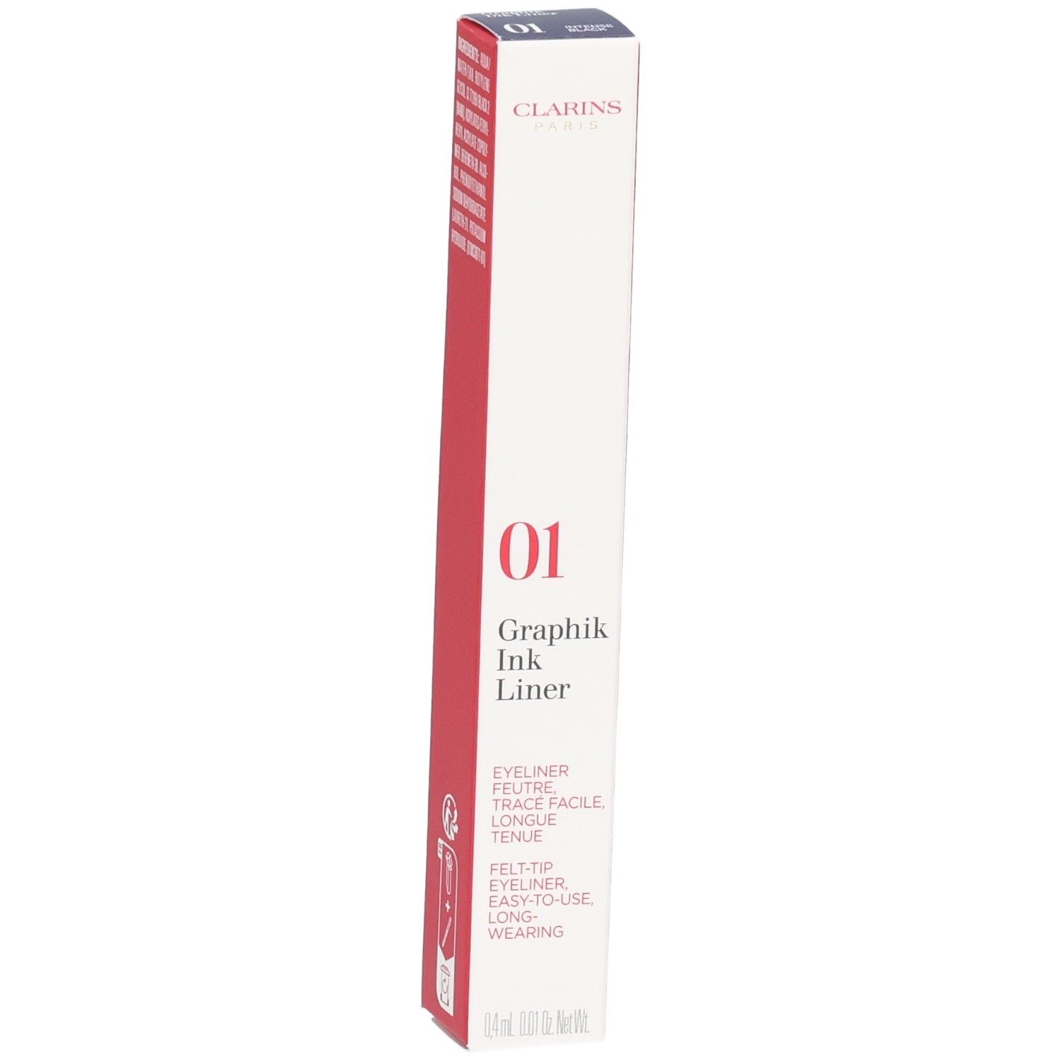 Emballage Clarins Graphik Ink Liner, face avant avec nom produit '01 Graphik Ink Liner'.