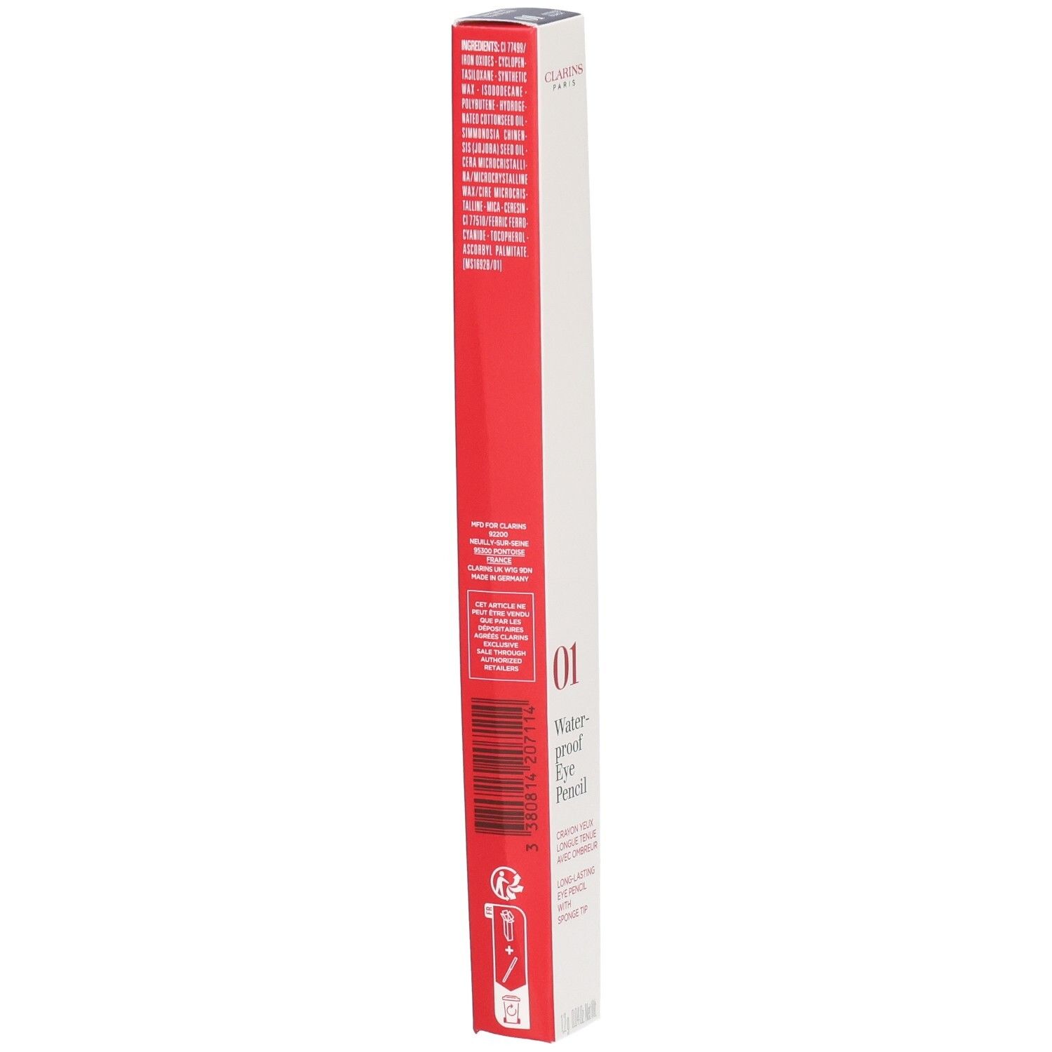 Verpakking van CLARINS CRAYON YEUX WP 01 NOIR, met ingrediënten en barcode.