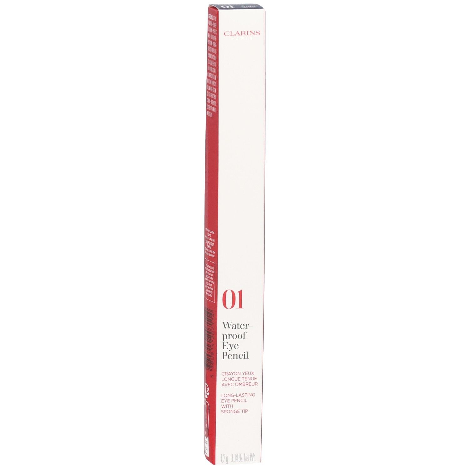 Verpakking van CLARINS CRAYON YEUX WP 01 NOIR, met productkenmerken.