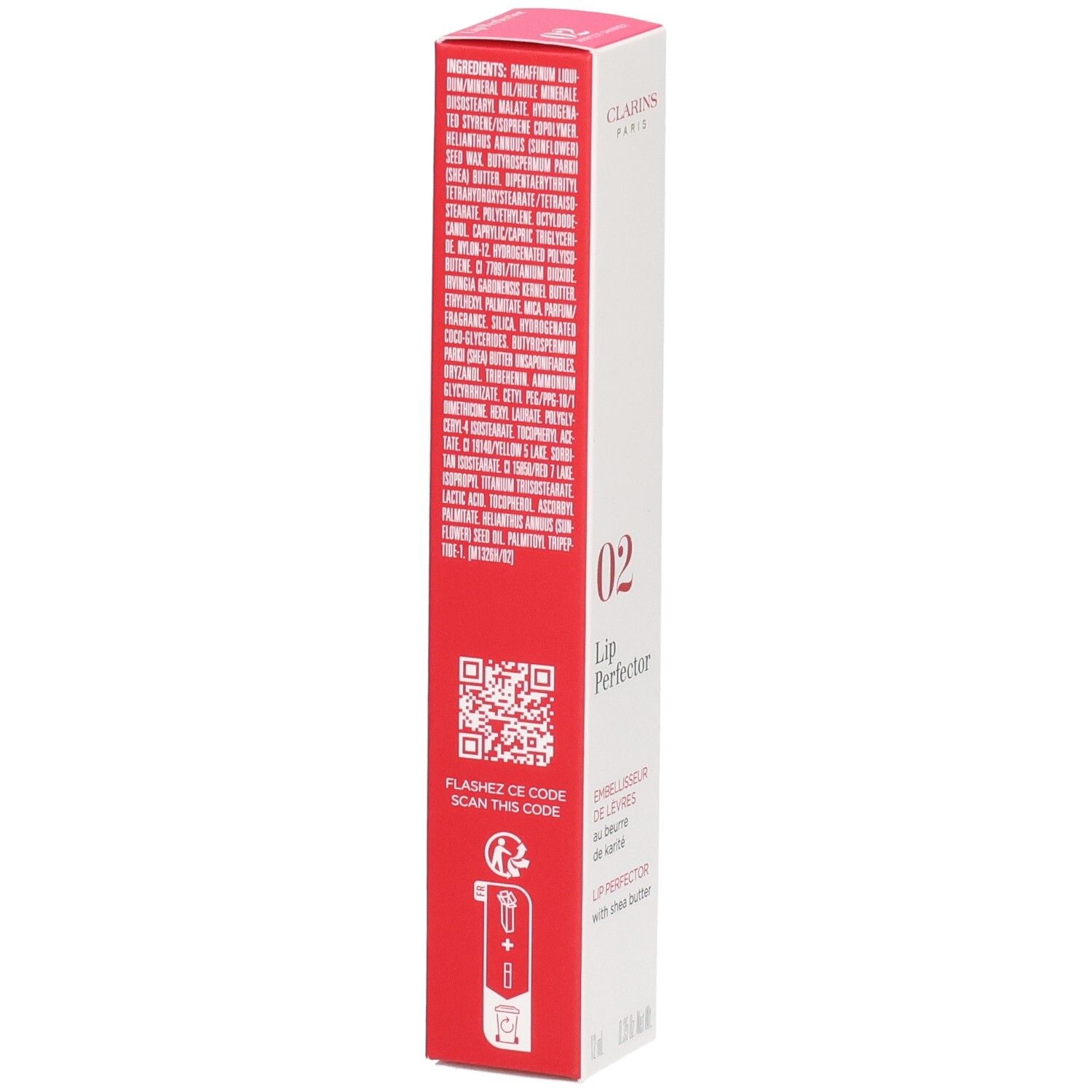 Clarins Lip Perfector 02 doosje, achterkant met ingrediënten en QR-code.