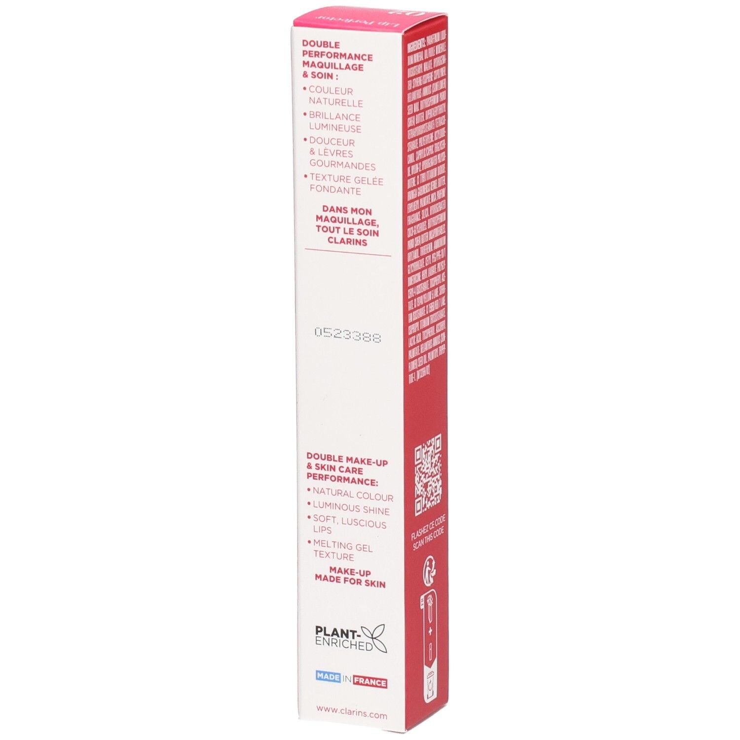 Clarins Lip Perfector 02 doosje, zijkant met productvoordelen en herkomst.