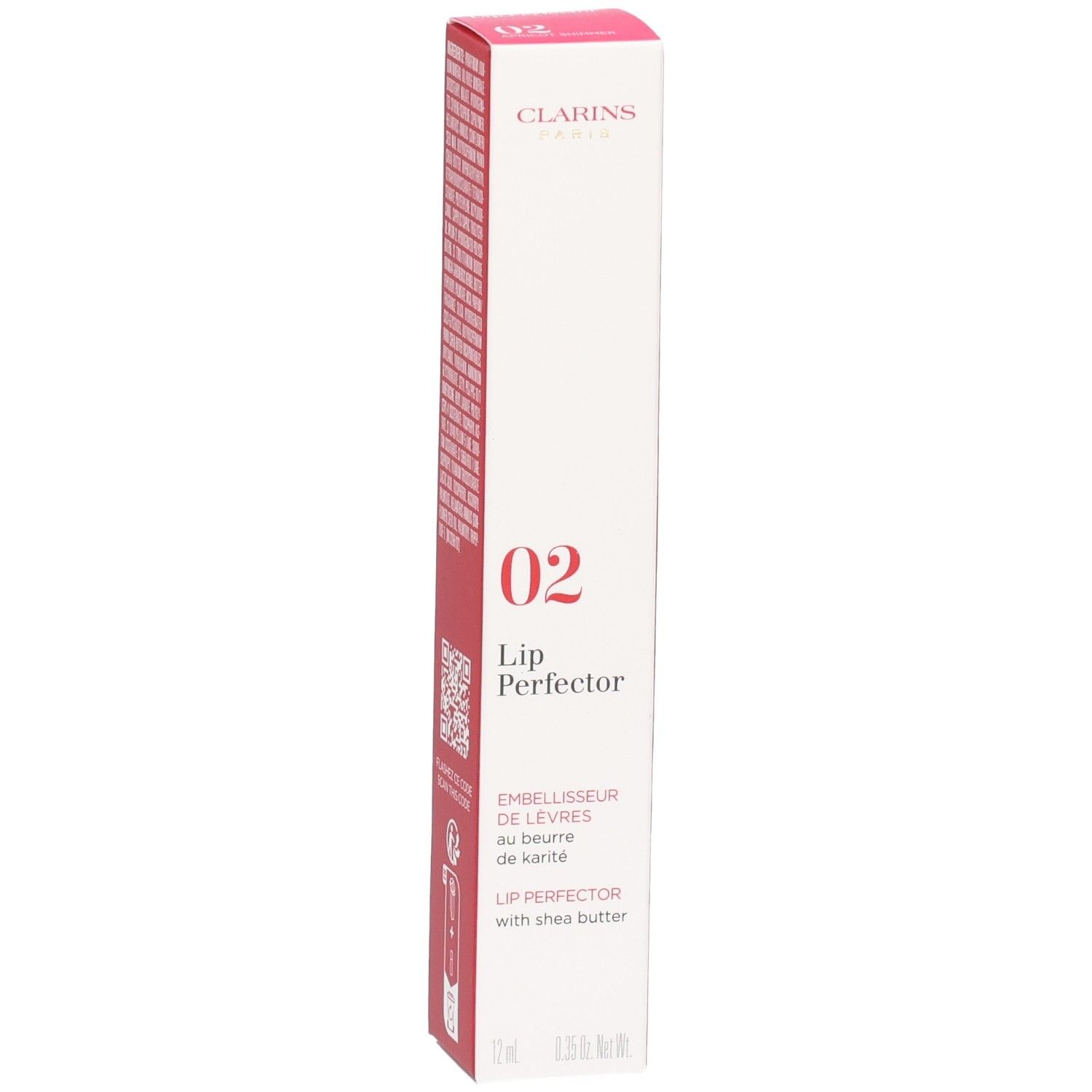 Clarins Lip Perfector 02 doosje, achterkant met ingrediënten en QR-code.
