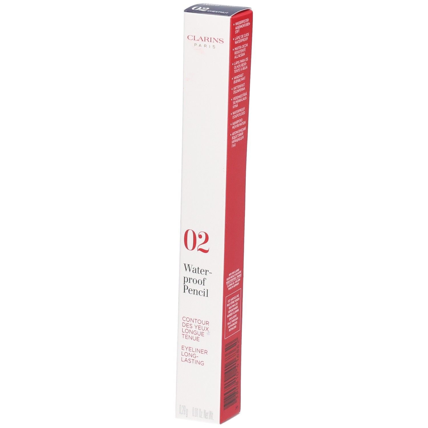 Verpakking Clarins Waterproof Pencil 02 Kastanje, met productinformatie.