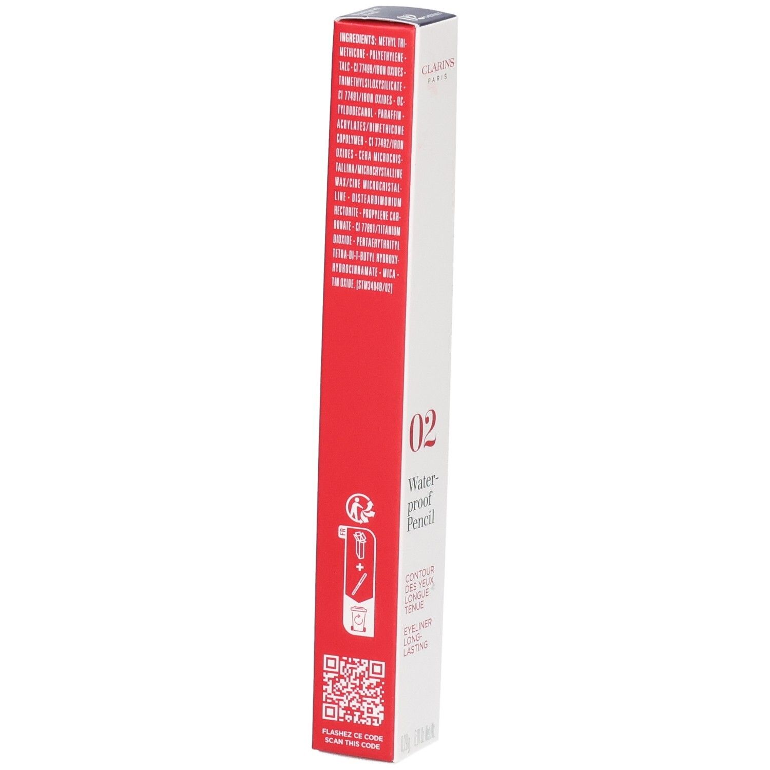 Verpakking Clarins Waterproof Pencil 02 Kastanje, met ingrediënten en instructies.