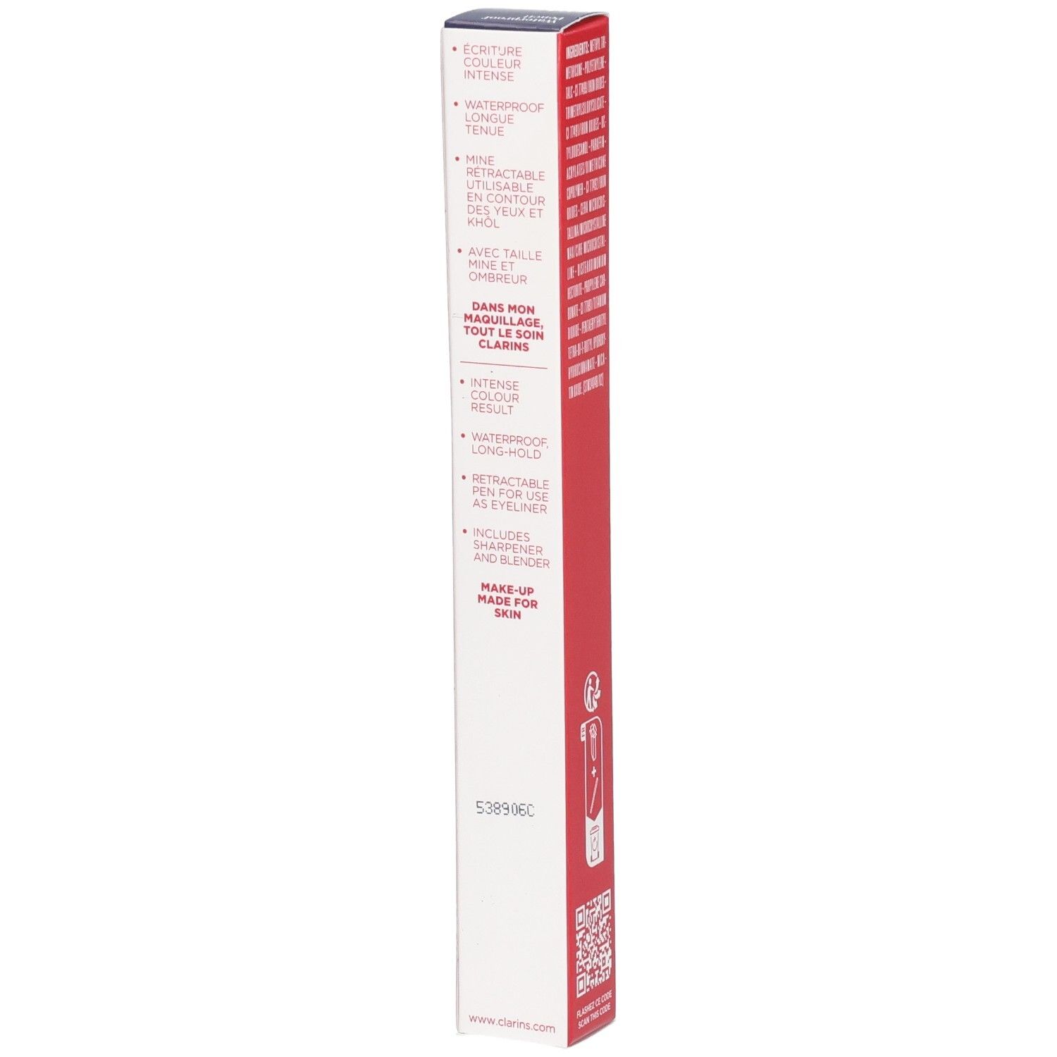 Verpakking Clarins Waterproof Pencil 02 Kastanje, met productkenmerken en instructies.