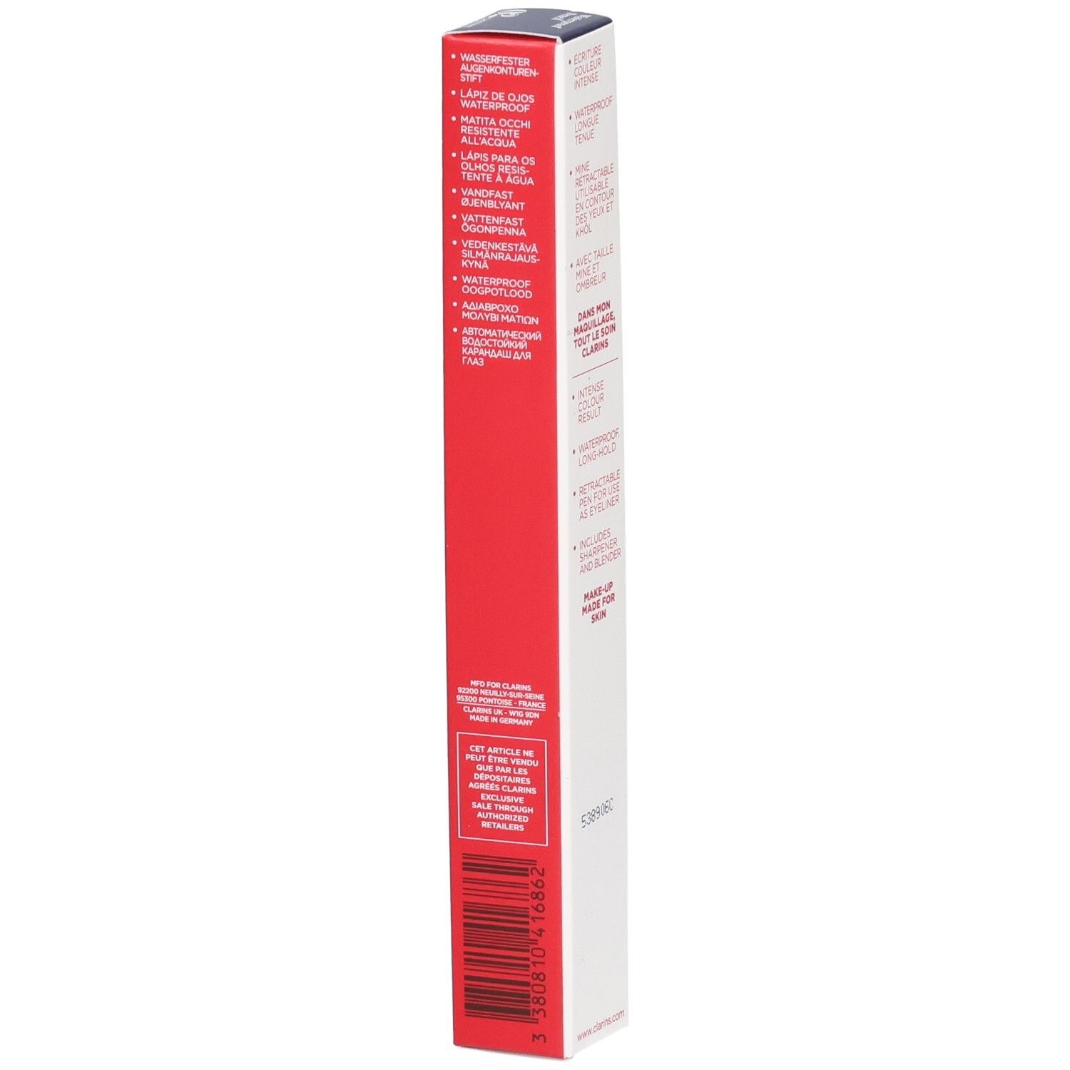 Verpakking Clarins Waterproof Pencil 02 Kastanje, met meertalige productinformatie.