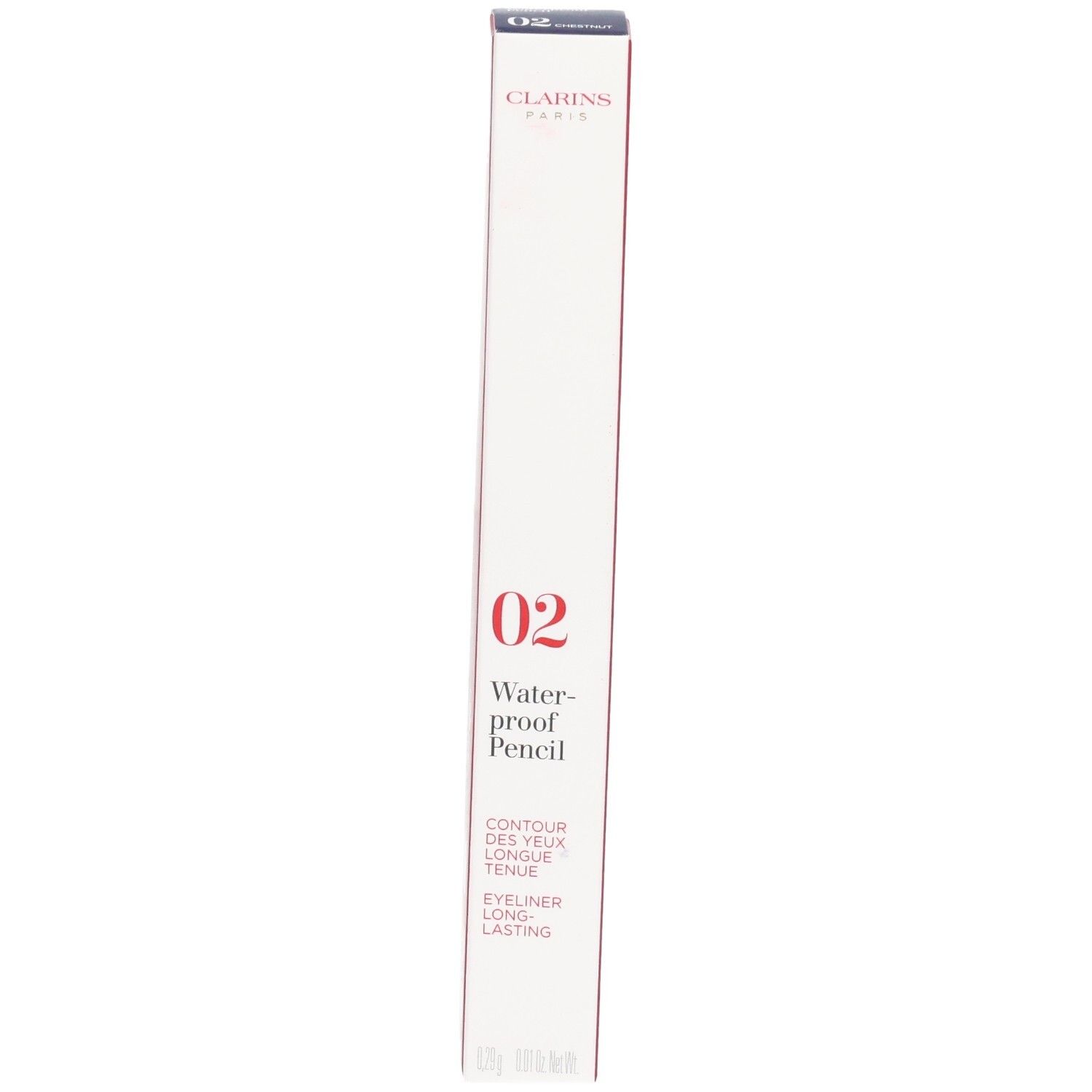Verpakking Clarins Waterproof Pencil 02 Kastanje, met productkenmerken en instructies.