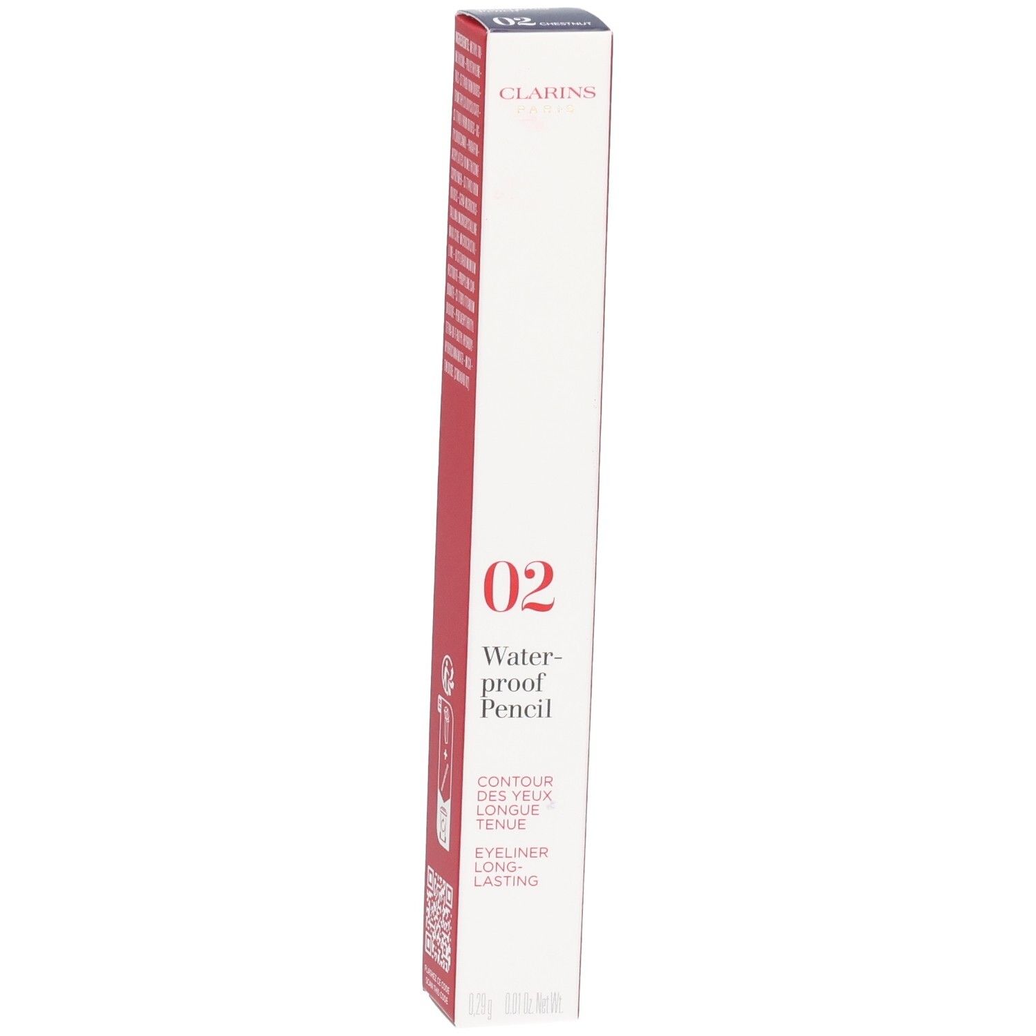 Verpakking Clarins Waterproof Pencil 02 Kastanje, met productkenmerken en instructies.