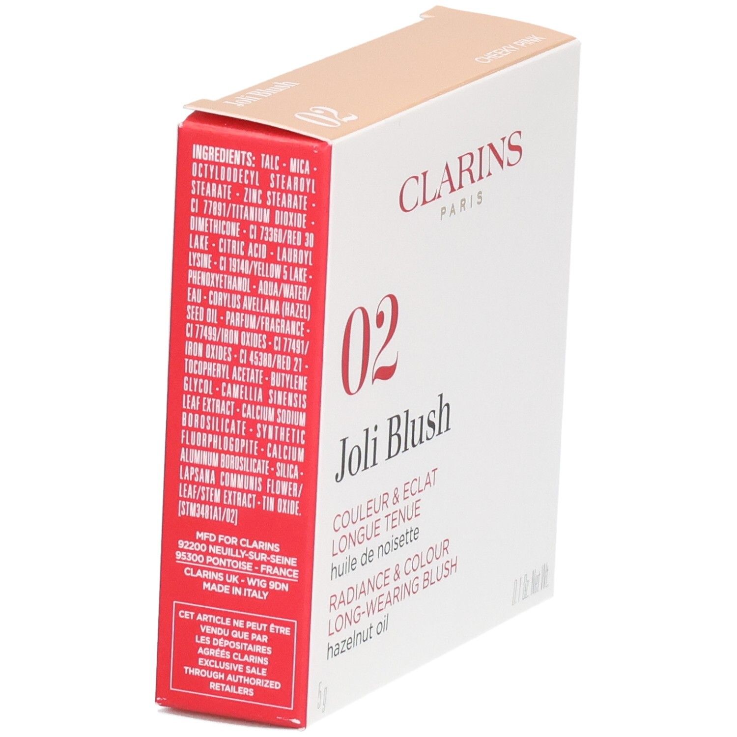 Clarins Joli Blush, achterkant met ingrediënten en aanwijzingen, Gemaakt in Italië.