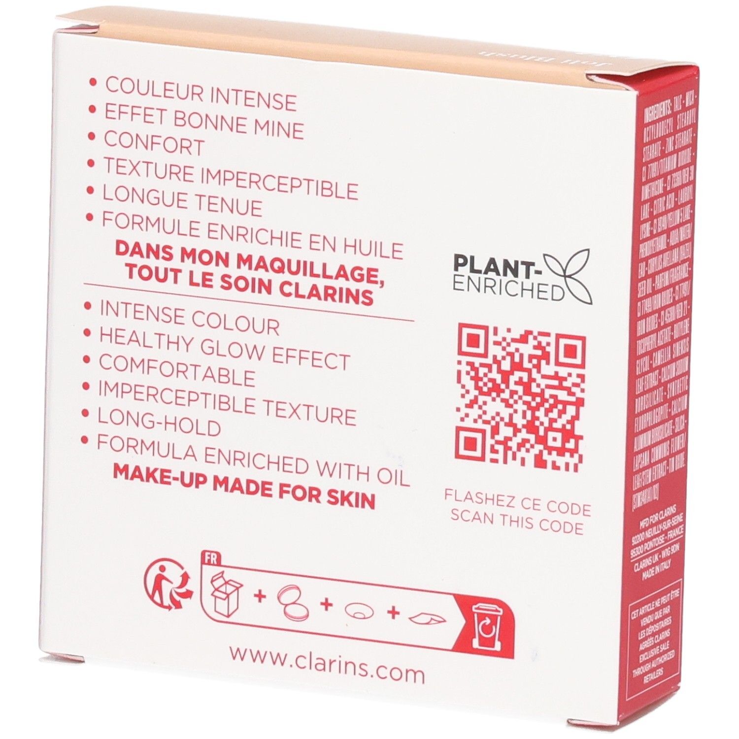 Clarins Joli Blush, zijkant met productvoordelen en QR-code, Plant-Enriched.