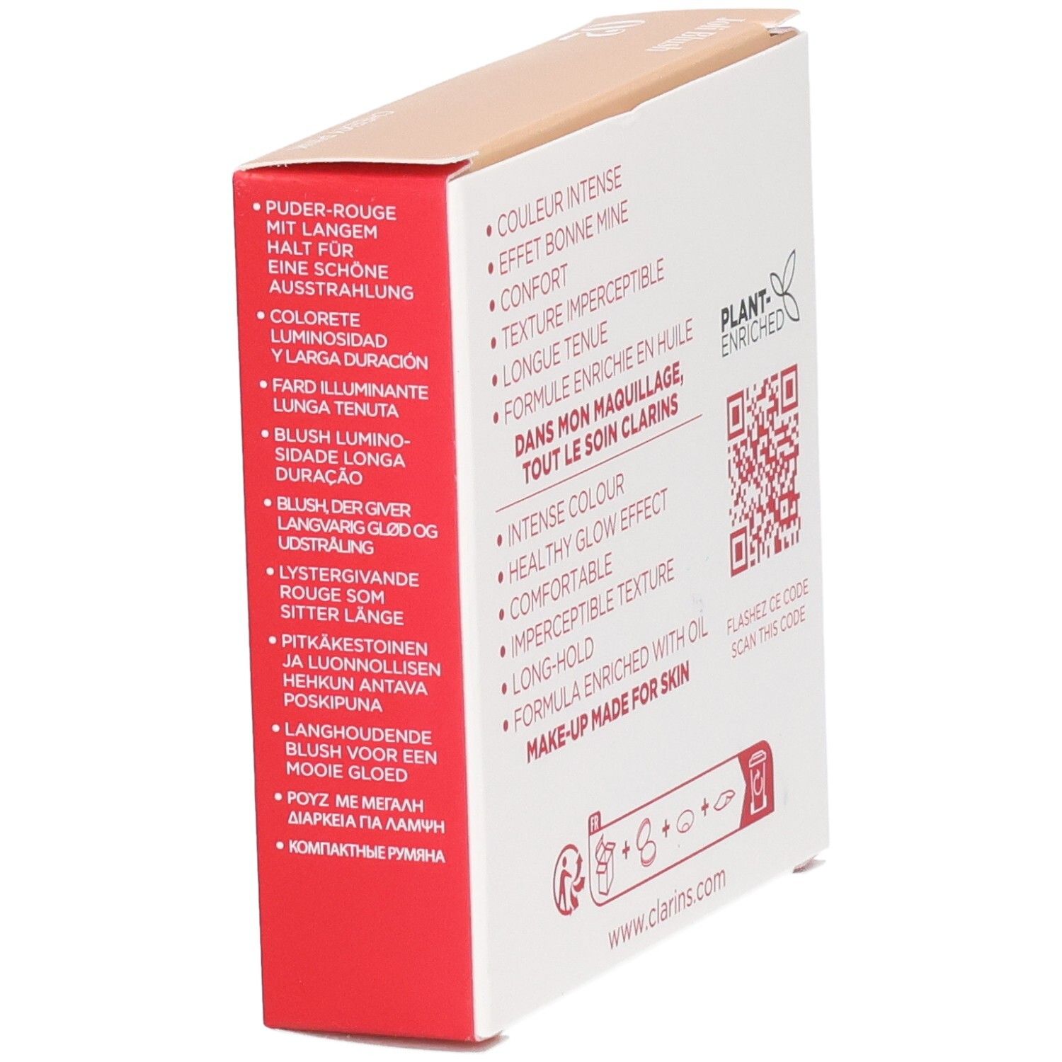 Clarins Joli Blush, zijkant met productvoordelen in meerdere talen en QR-code.