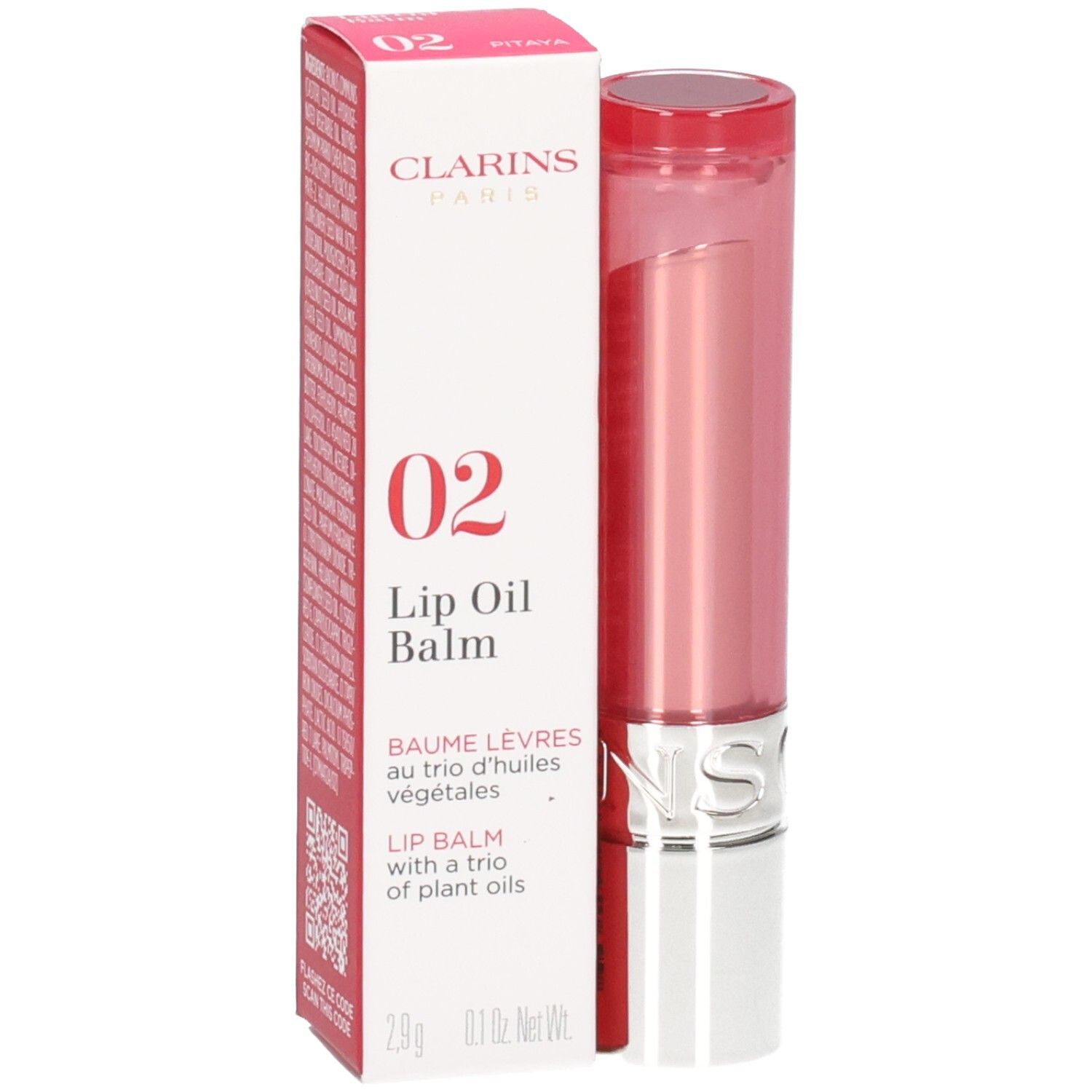 Clarins Lip Oil Balm 02 dans son emballage rose, position verticale.