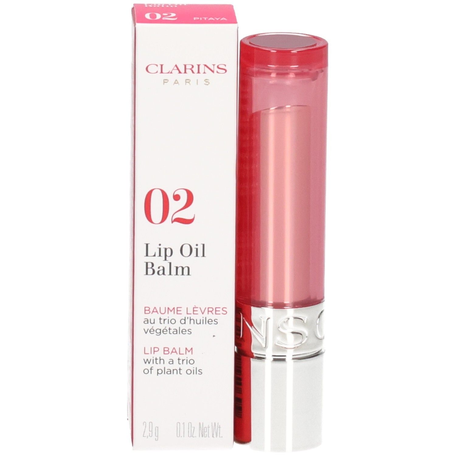 Clarins Lip Oil Balm 02 dans son emballage rose, position verticale.