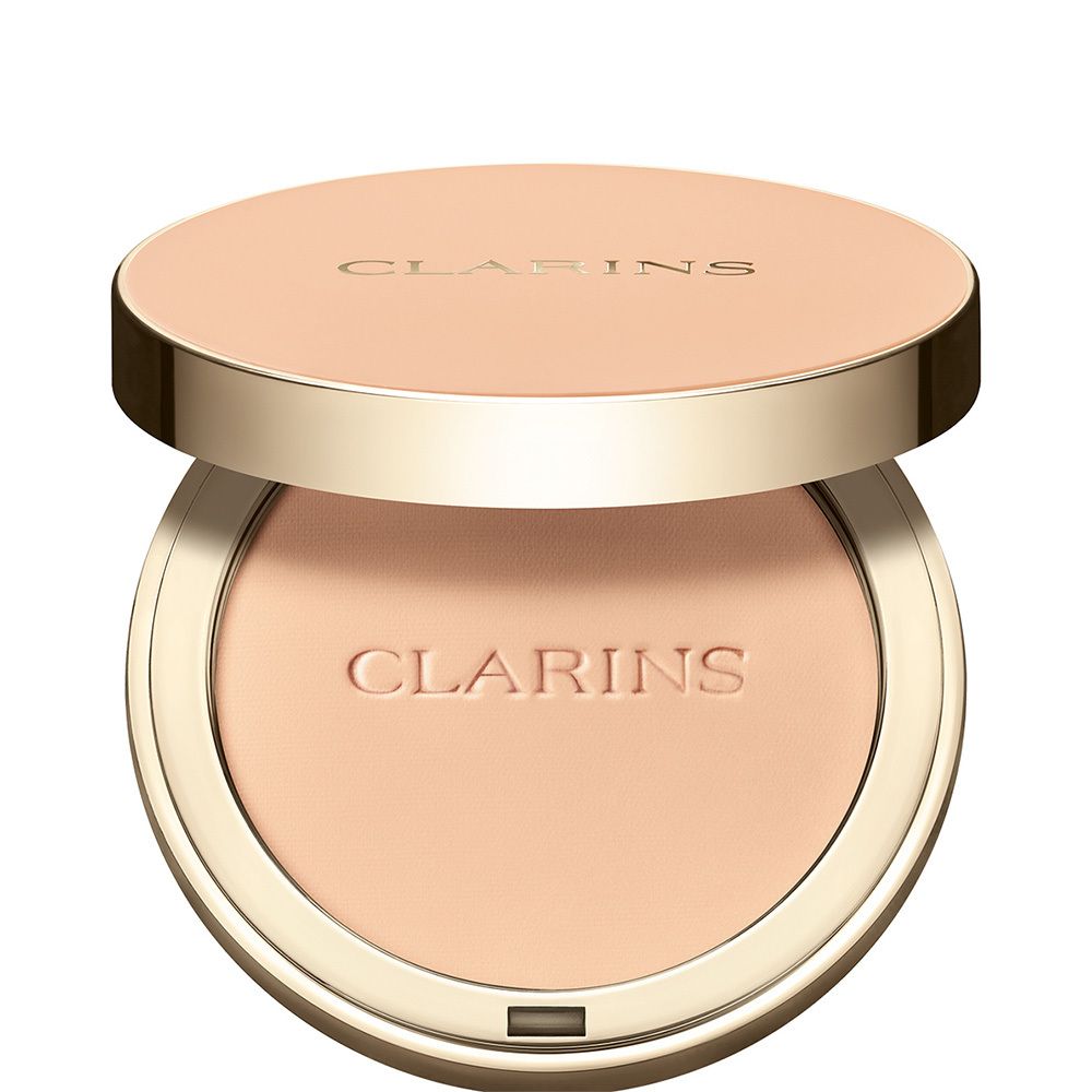 Clarins Ever Matte Compact Powder 02 Light. Open poederdoosje met spiegel en poeder.