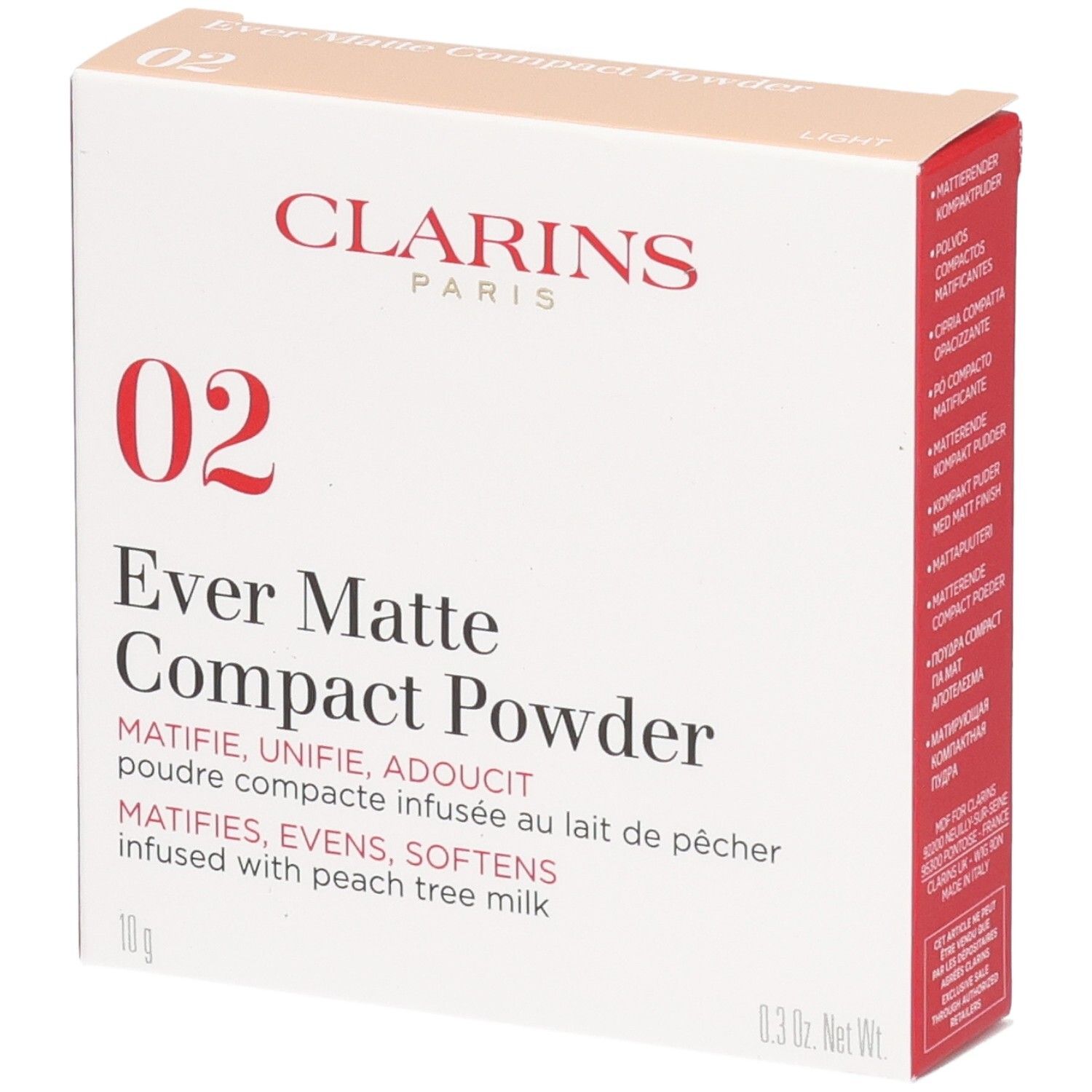 Clarins Ever Matte Compact Powder 02 Light emballage. Poudre compacte matifiante infusée de lait d'arbre à pêche.