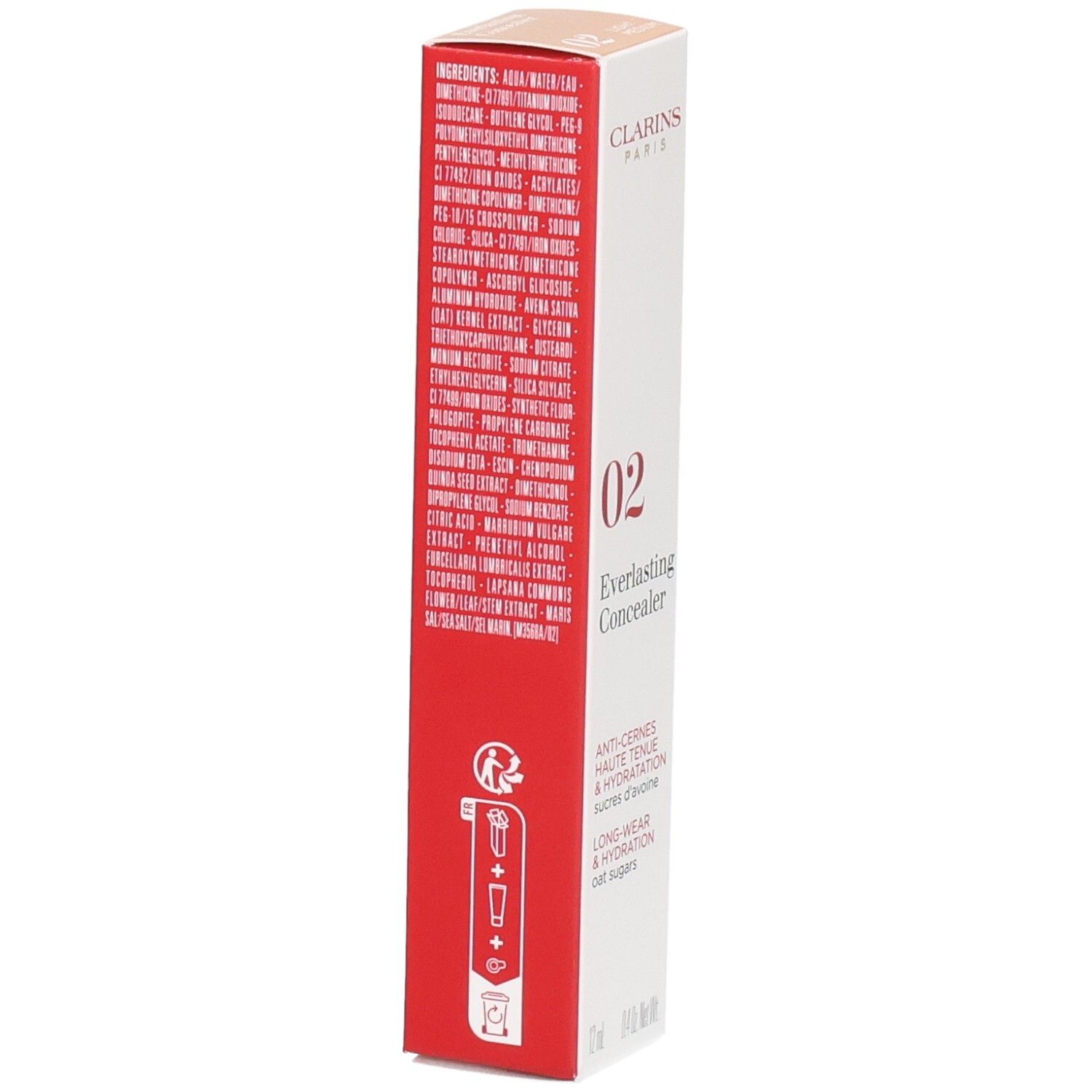 Clarins Everlasting Concealer 02 emballage carton, côté avec liste détaillée des ingrédients et instructions d'utilisation.
