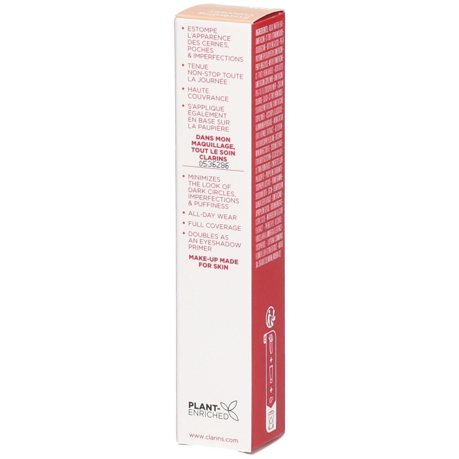 Clarins Everlasting Concealer 02 emballage carton, côté avec avantages produit et instructions d'application en français.