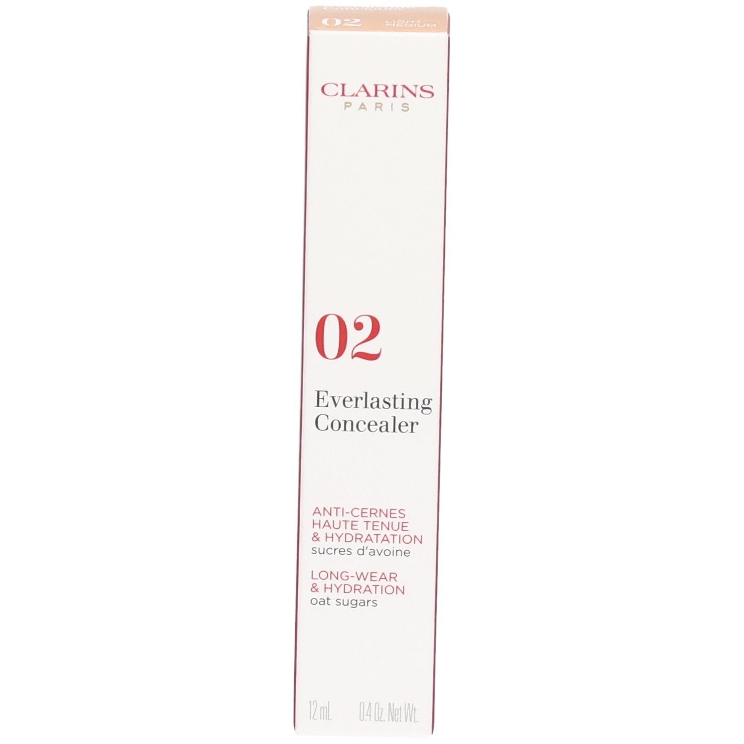 Clarins Everlasting Concealer 02 emballage carton, côté avec description produit multilingue et code-barres.