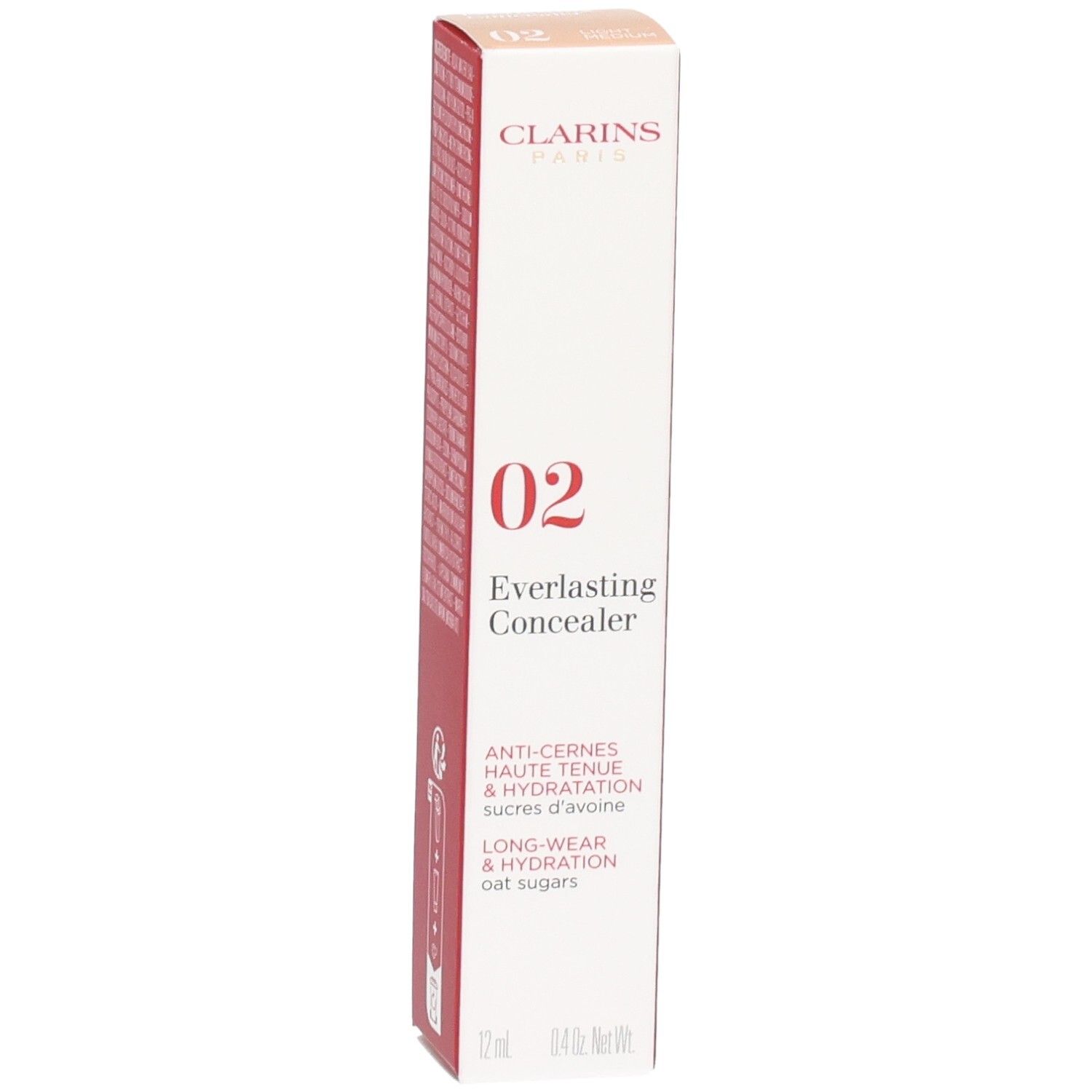 Clarins Everlasting Concealer 02 emballage carton, face avant avec informations produit, numéro de couleur 02 et texte.