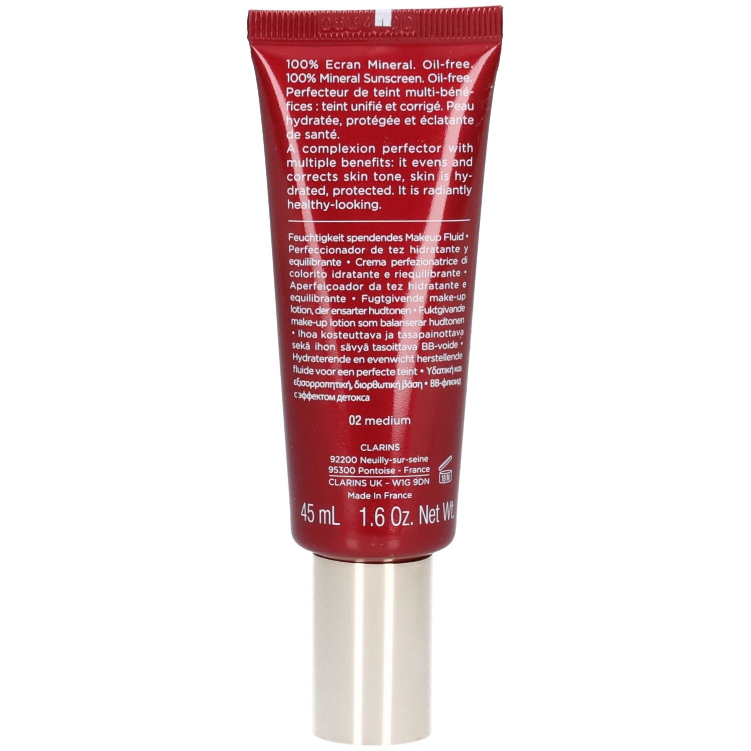 Achterkant van de Clarins BB Skin Detox Fluid SPF25 02 Medium tube met productinformatie.