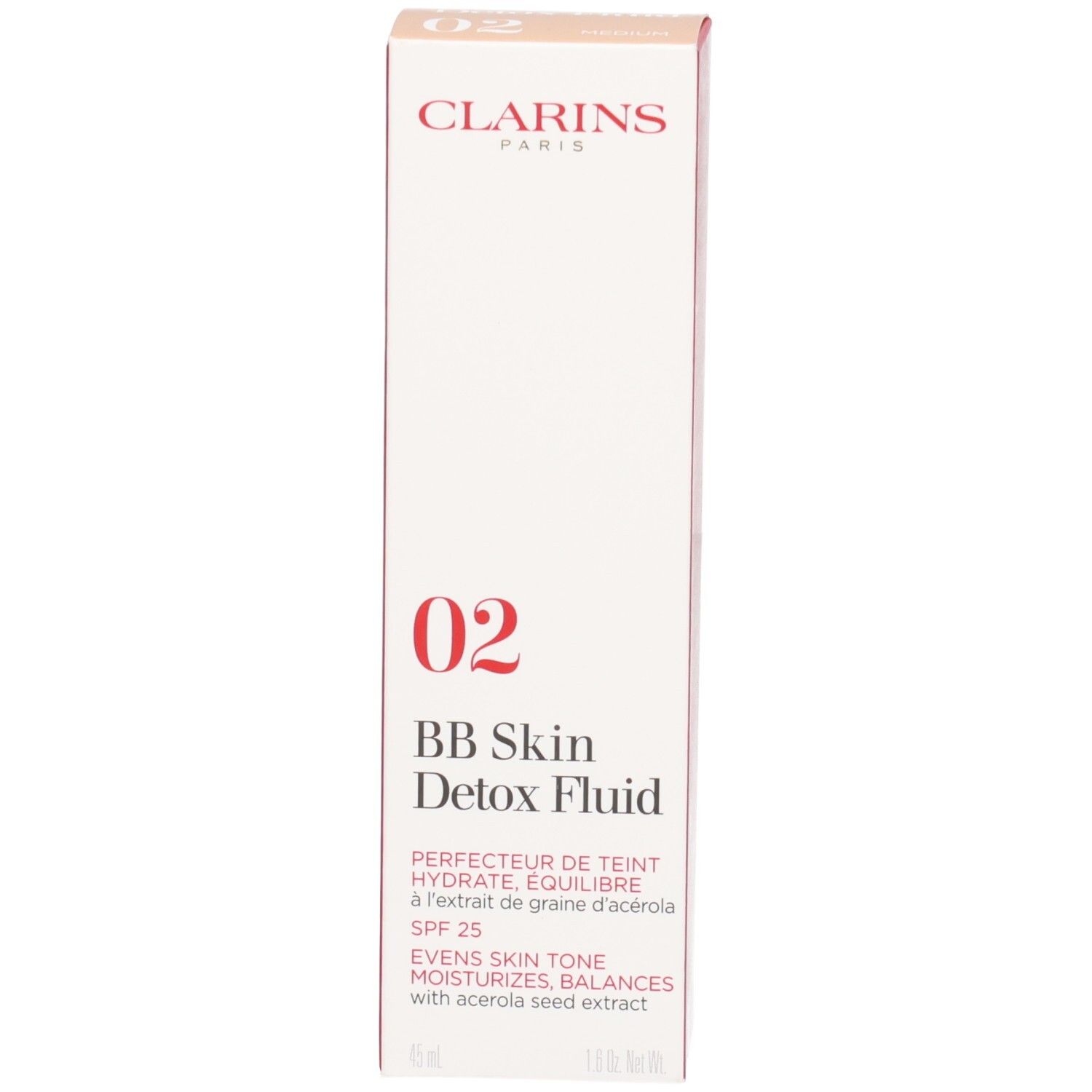 Doos van Clarins BB Skin Detox Fluid SPF25 02 Medium met productkenmerken.