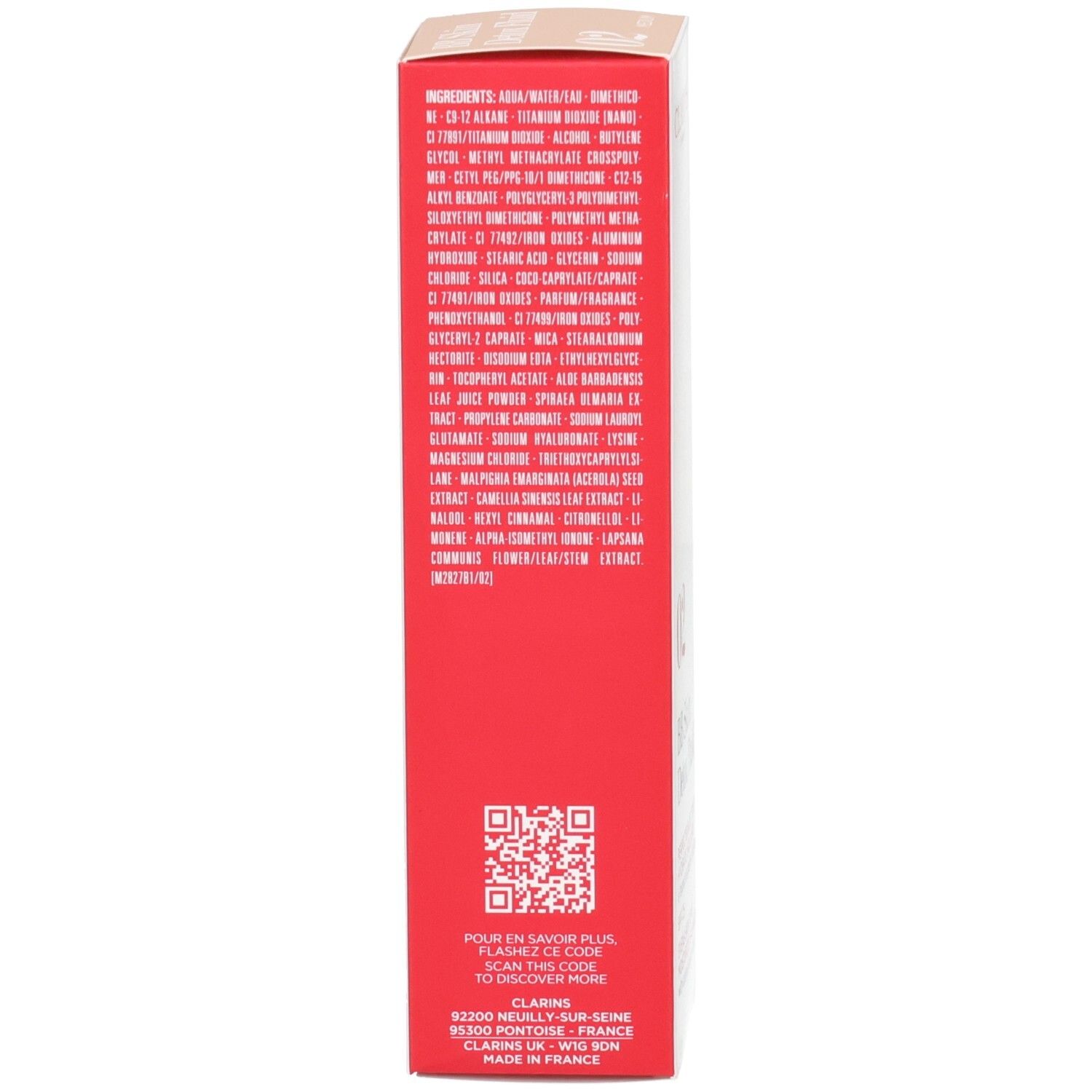 Zijkant van de Clarins BB Skin Detox Fluid SPF25 02 Medium doos met ingrediënten.