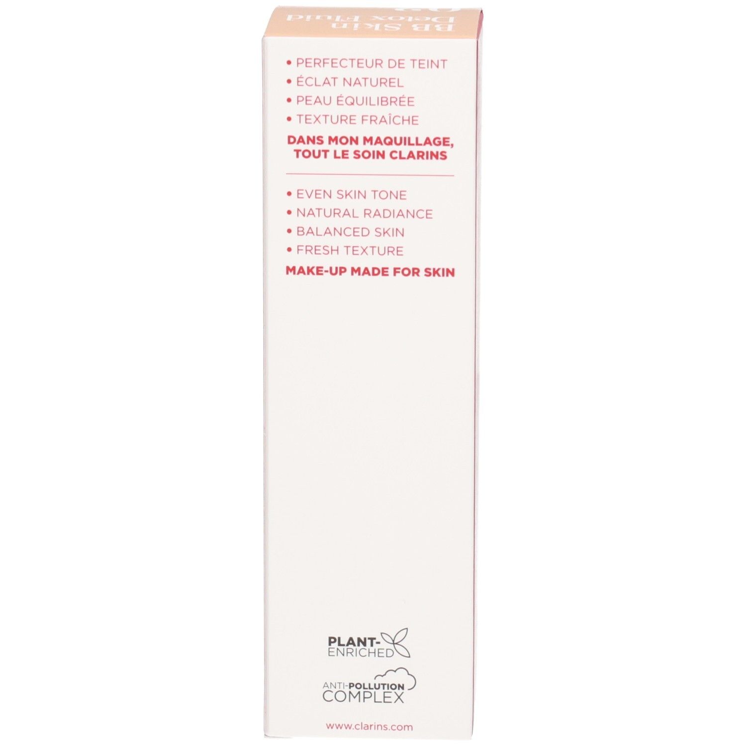 Zijkant van de Clarins BB Skin Detox Fluid SPF25 02 Medium doos met productvoordelen.