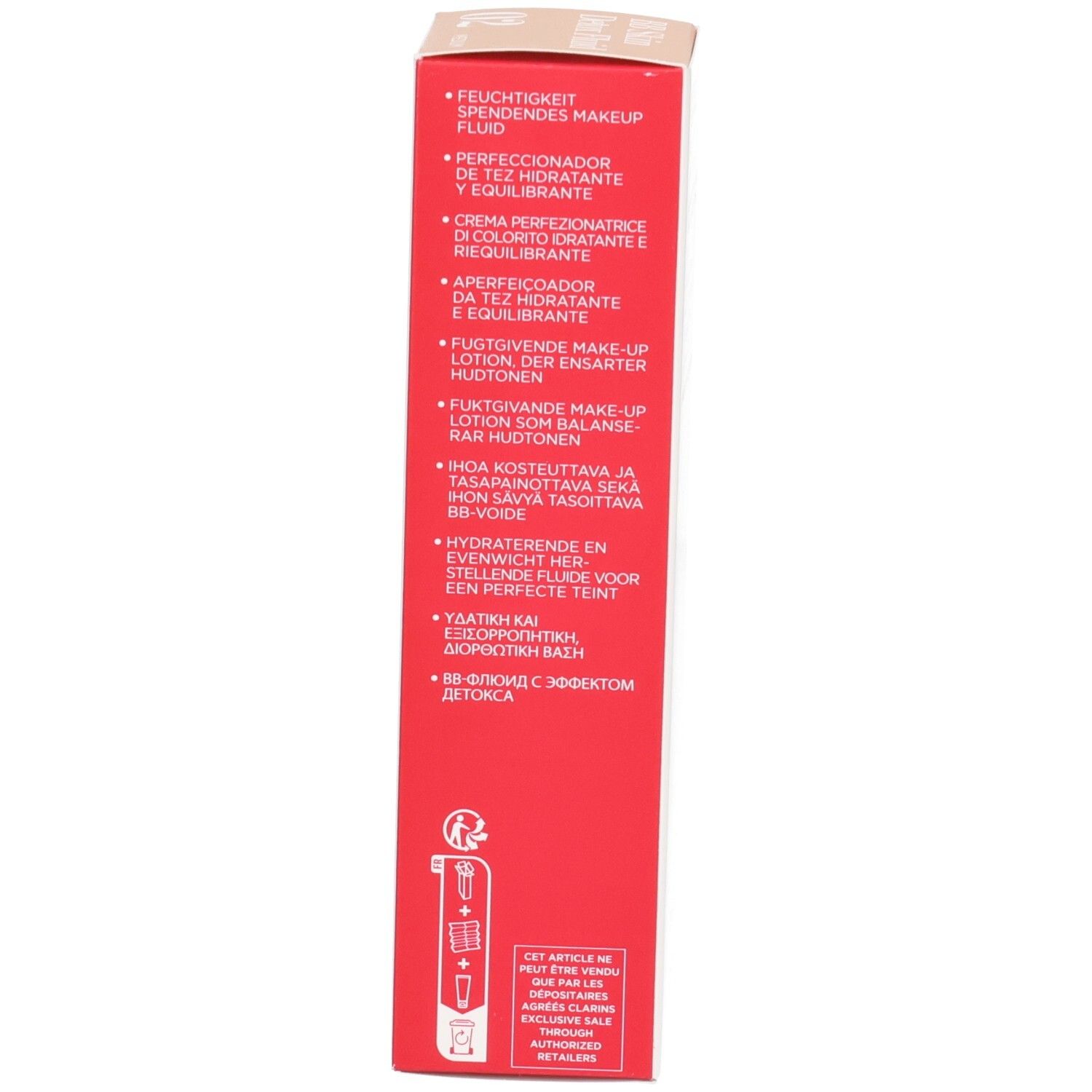 Zijkant van de Clarins BB Skin Detox Fluid SPF25 02 Medium doos met gebruiksinstructies.