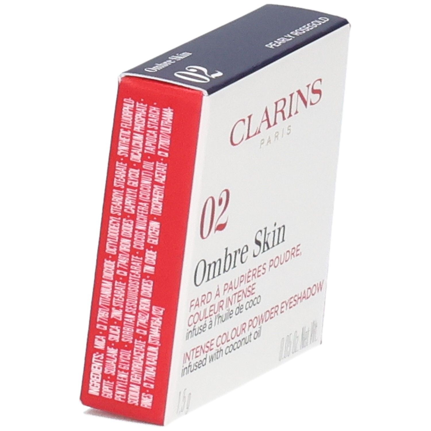 Clarins Ombre Skin fard à paupières 02 Pearly Rosegold boîte, vue latérale avec ingrédients.