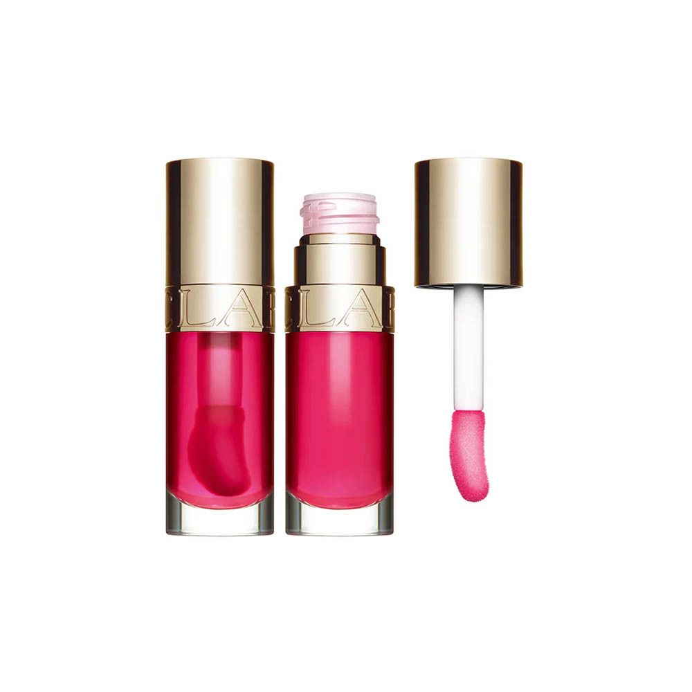 Clarins Lip Comfort Oil 02 Raspberry : Deux flacons d'huile à lèvres et un applicateur. Bouchons dorés.