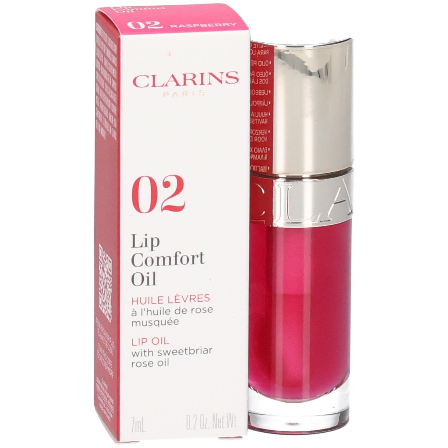 Clarins Lip Comfort Oil 02 Raspberry: Lipolie in flesje met omdoos. 7ml.