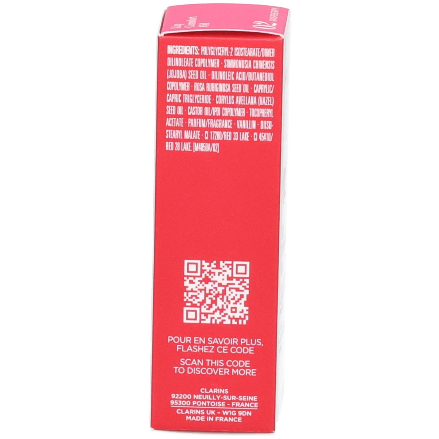 Clarins Lip Comfort Oil 02 Raspberry: Achterkant van de omdoos met ingrediënten en QR-code.