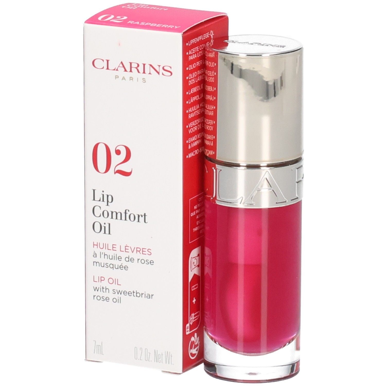 Clarins Lip Comfort Oil 02 Raspberry: Lipolie in flesje met omdoos. 7ml.