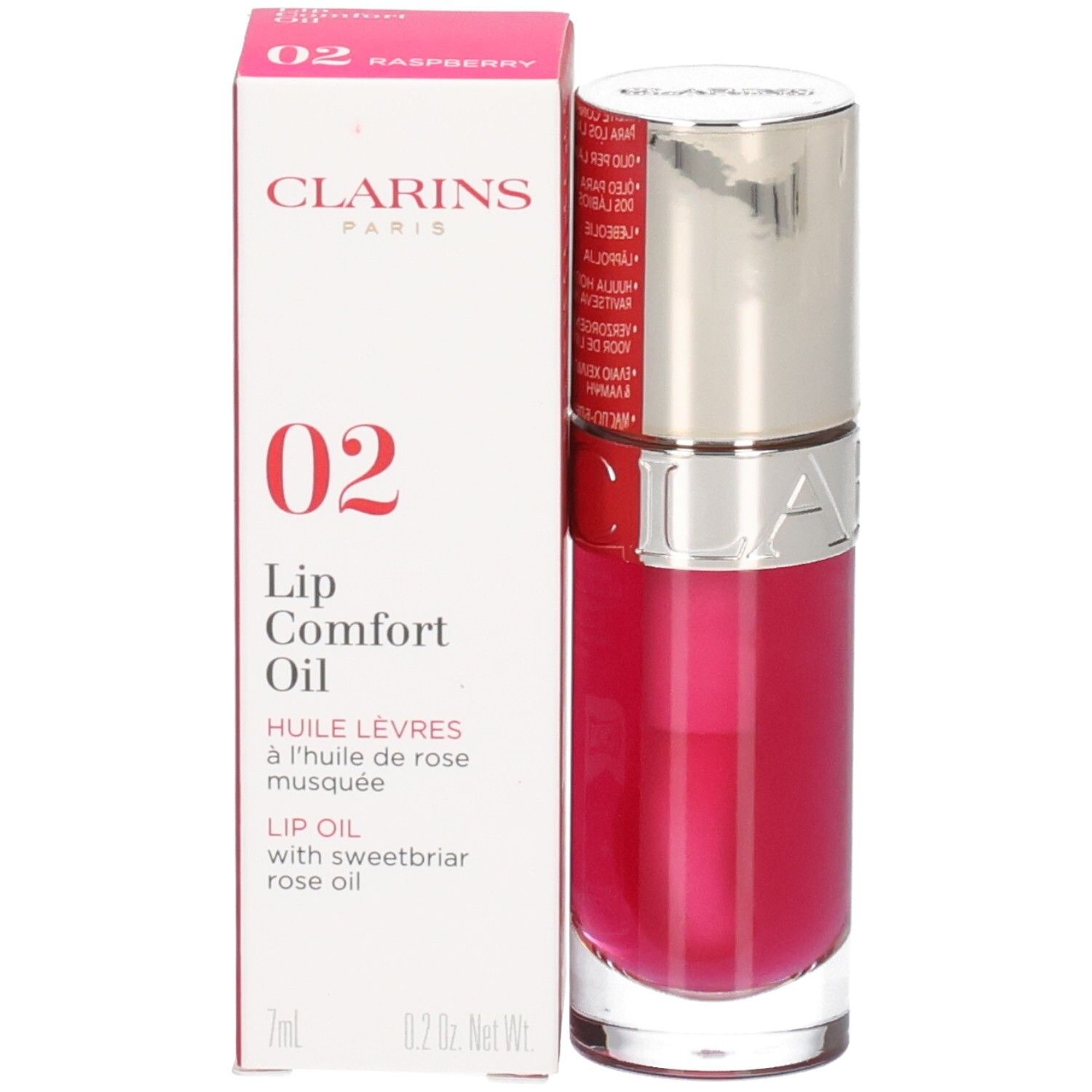 Clarins Lip Comfort Oil 02 Raspberry: Lipolie in flesje met omdoos. 7ml.