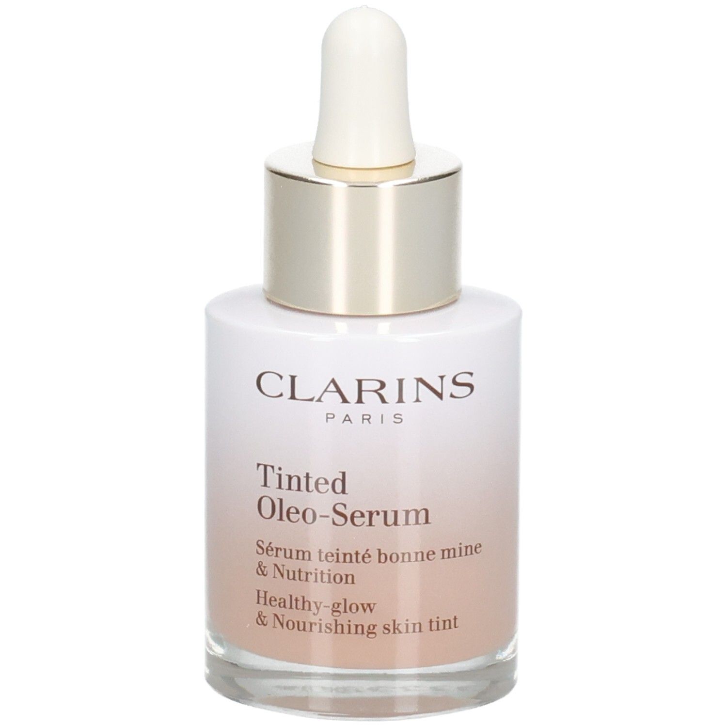 Clarins Tinted Oleo-Serum 02.5 en flacon verre avec pipette. Dégradé de blanc à beige.