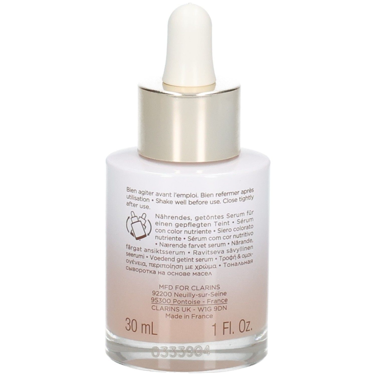 Clarins Tinted Oleo-Serum 02.5, arrière du flacon indiquant 30 ml et 1 Fl. Oz.
