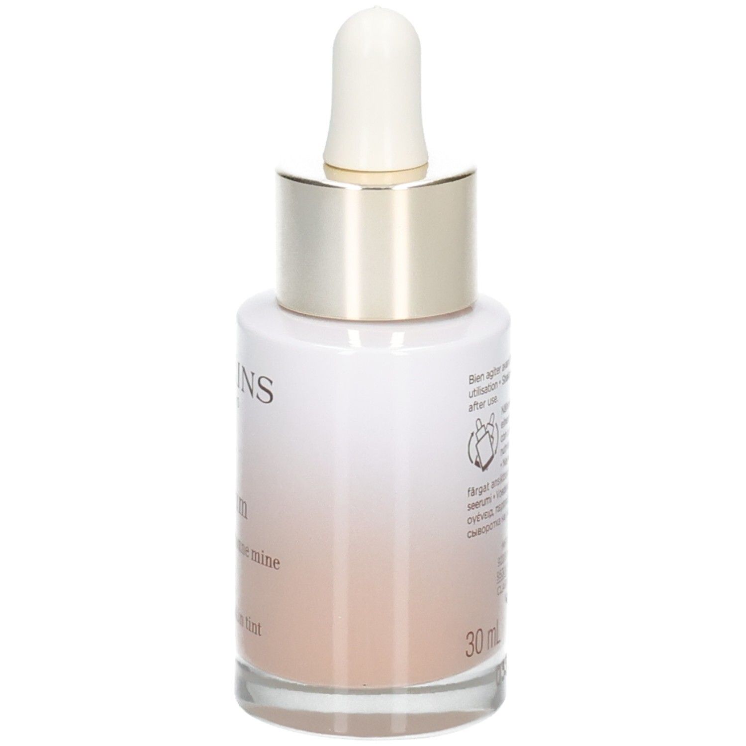 Clarins Tinted Oleo-Serum 02.5, arrière du flacon avec instructions d'utilisation détaillées.