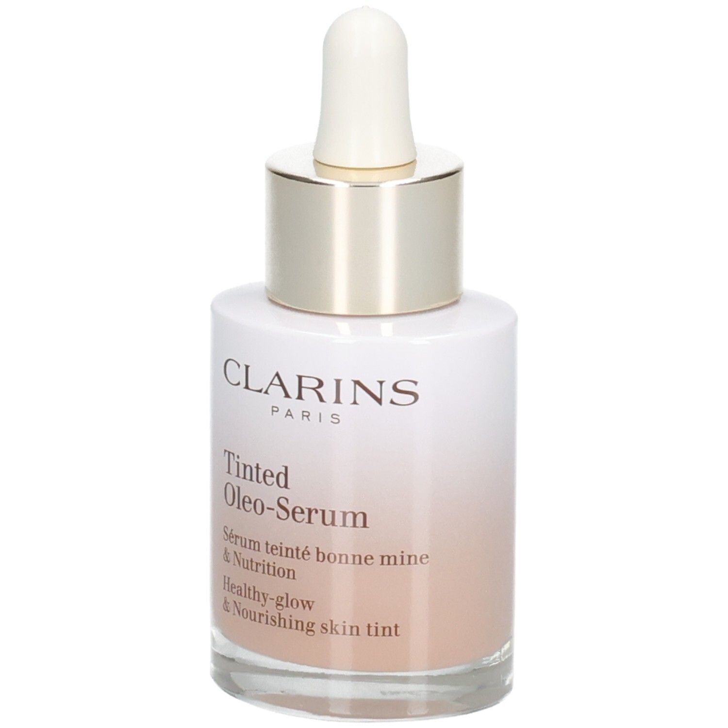 Clarins Tinted Oleo-Serum 02.5 en flacon verre avec pipette. Dégradé de blanc à beige.