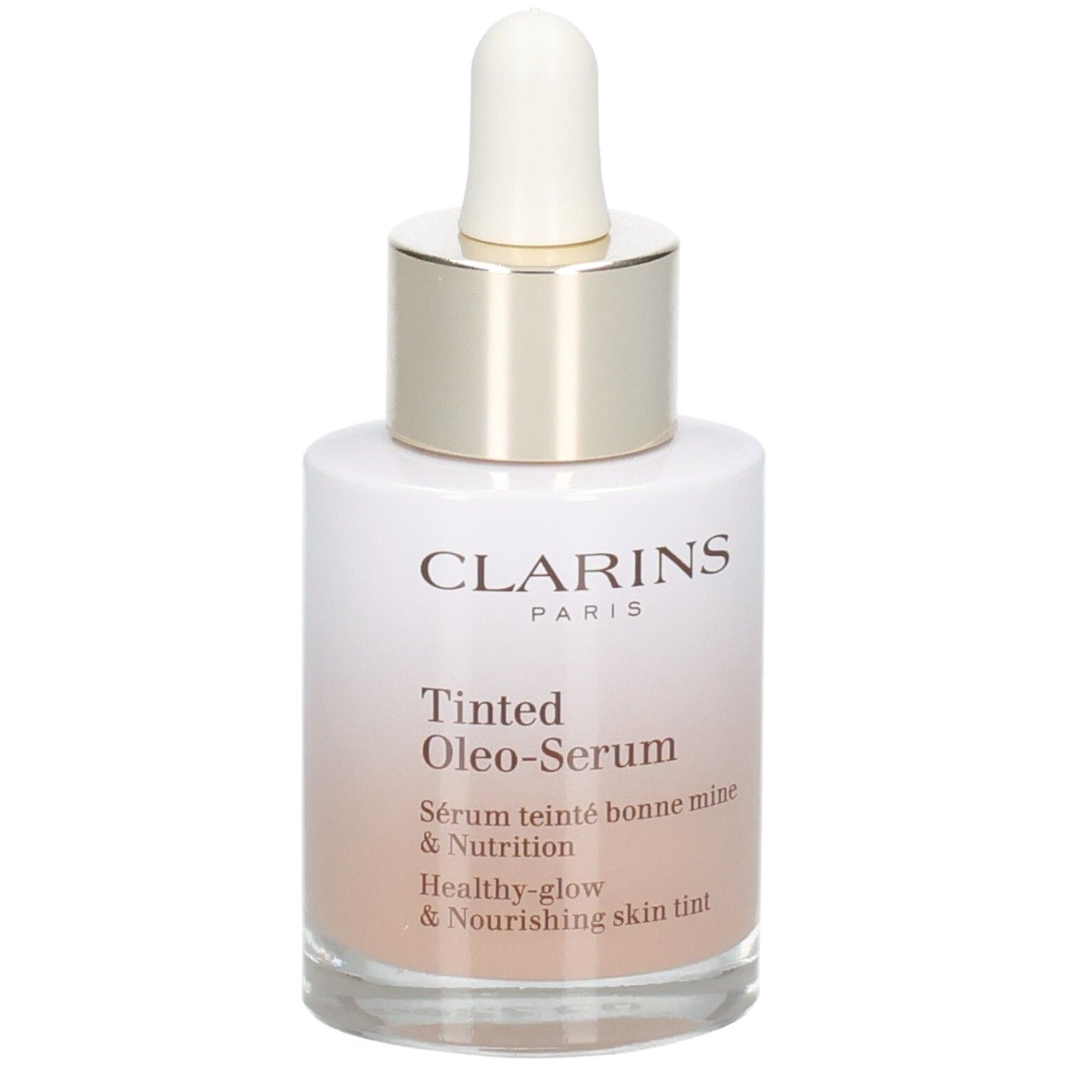 Clarins Tinted Oleo-Serum 02.5 en flacon verre avec pipette. Dégradé de blanc à beige.