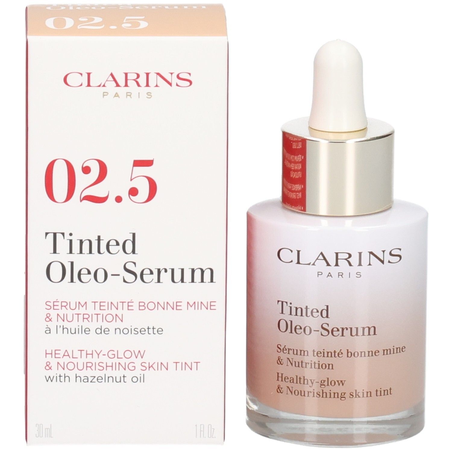 Clarins Tinted Oleo-Serum 02.5 avec boîte. La boîte montre le nom du produit et le numéro de couleur 02.5.